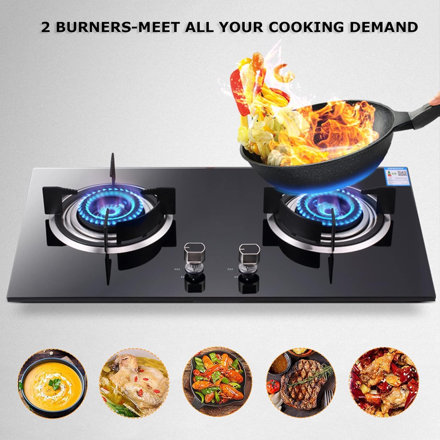 2 Burners Tempered Glass Gas Range Hob, Drop-In Gas Cooktop, Dual Burner Gas Countertop Outdoor (Natural Gas Liquefied Gas) (Natural Gas Liquefied Gas)