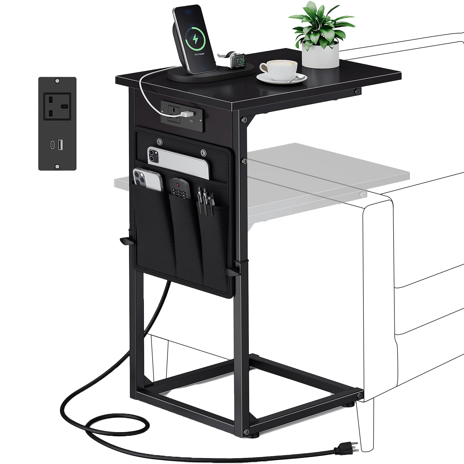 Vagusicc C-Shaped Side Table with Charging Station, Height Adjustable Sofa Side Table, Bedside Table, End Table for Small Spaces, TV Tray Table Coffee Table for Living Room, Bedroom, Black — image 1