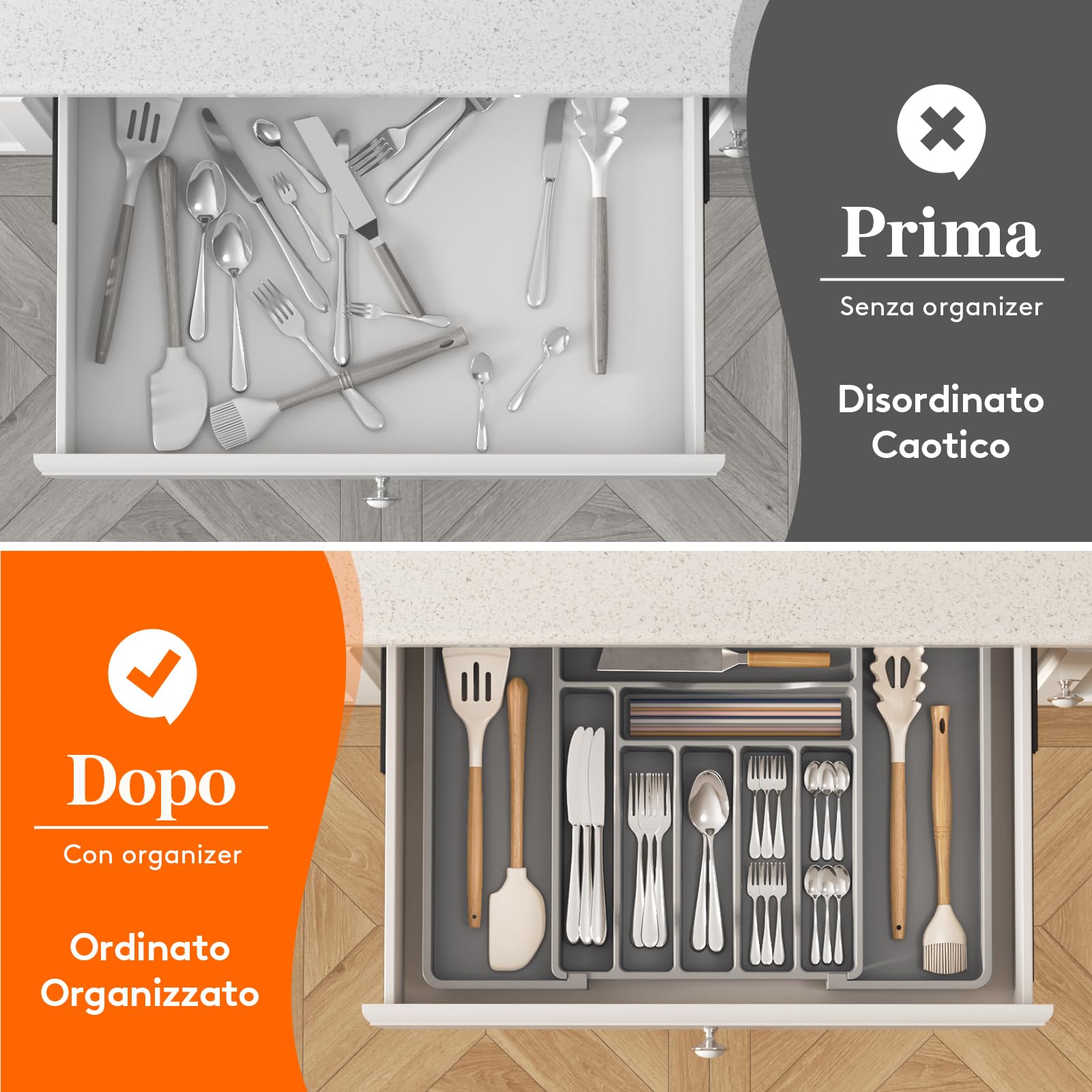 Lifewit Porta Posate Cucina Cassetto, Organizer Posate da Espandibile, Portaposate Salvaspazio, Divisori in Plastica per Utensili, Forchette, Profondità 38 cm, Largezza 33-56,8cm, Grigio