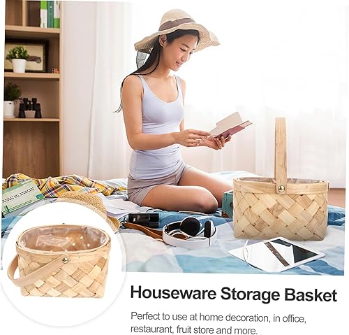 Miniatura 9 de Cesta de almacenamiento de pícnic, cesta de madera tejida natural con asas plegables, cesta de Pascua, cesta organizadora de almacenamiento de