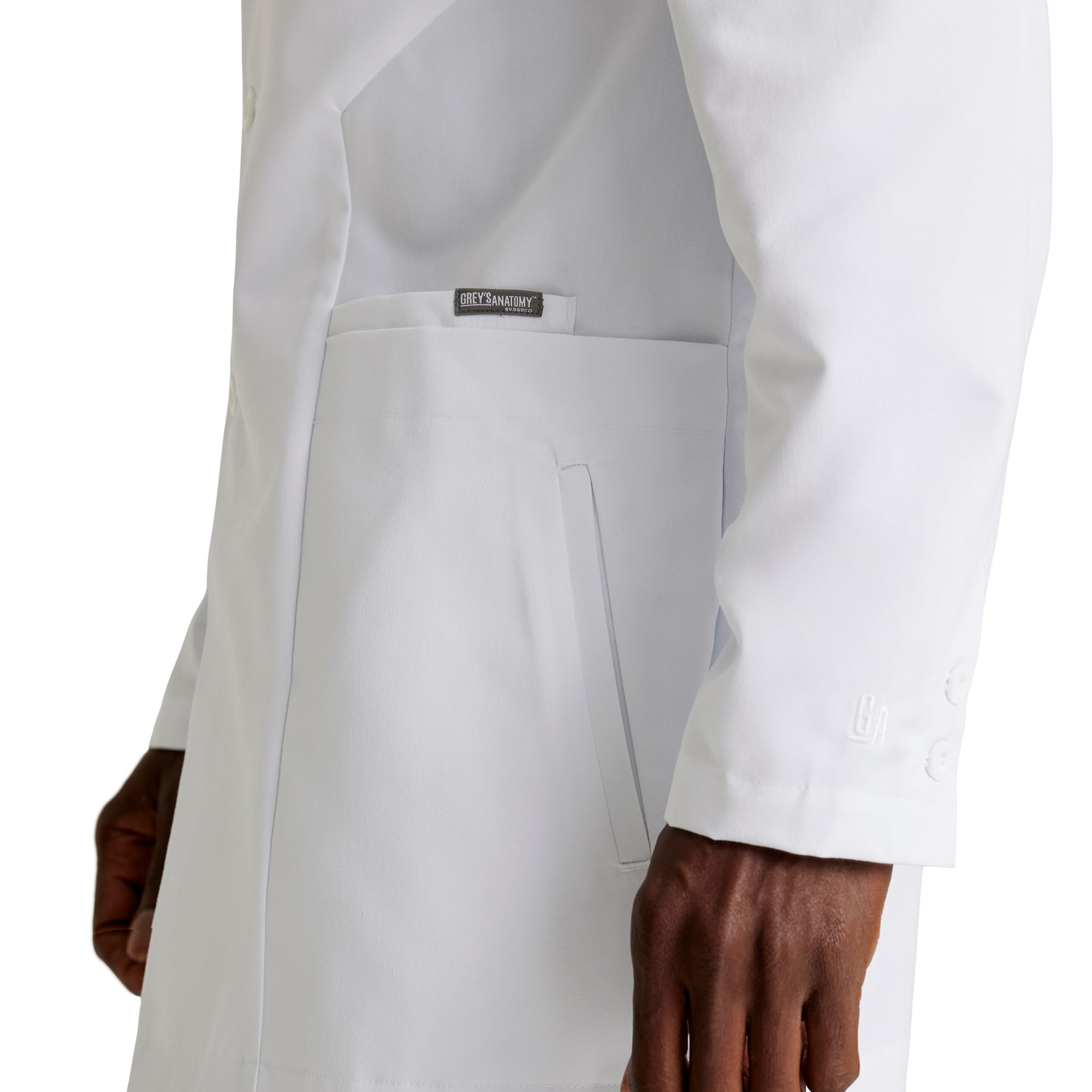 BARCO Grey's Anatomy Scrubs - Derek - Bata de laboratorio profesional de manga larga de 3 botones de longitud completa de 35 a 39 pulgadas, Blanco, 38 Regular