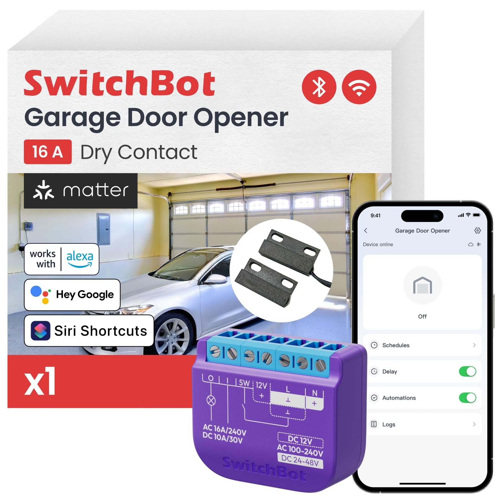 SwitchBot WiFi Smart Garage Door Opener, Matter Certified, Alexa/Google/Siri/IFTTT Supported, Most Garage Door Supported, App Control, Multiple Notification Modes, No Hub Required