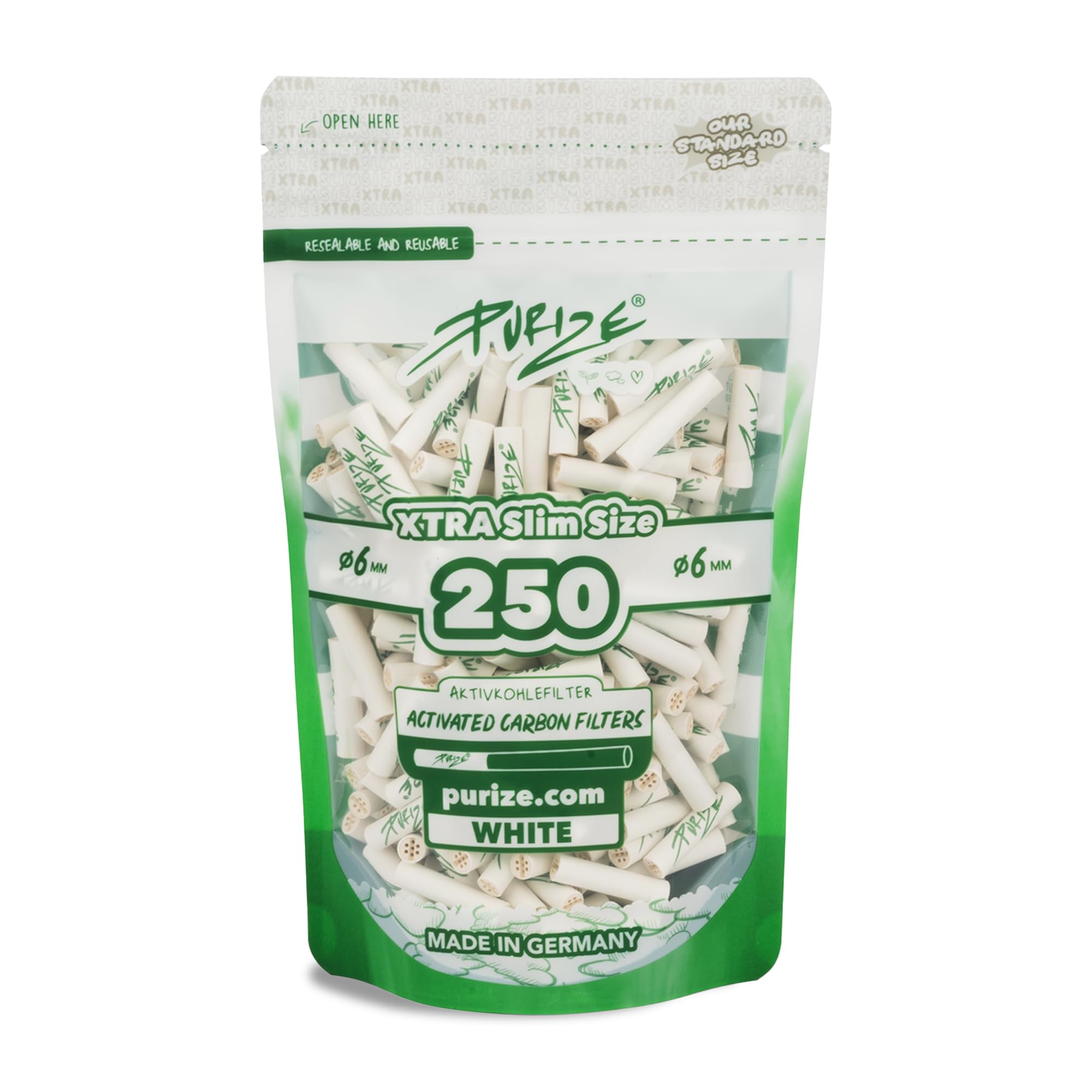 PURIZE® Beutel | 250 Xtra Slim Size Aktivkohlefilter Weiß