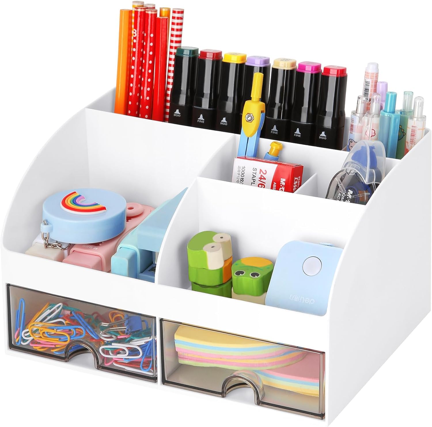 Organizador de Escritorio con 2 Cajones, 19CM x 14CM Organizador de Escritorio Multifuncional Portalápices de Gran Capacidad Organizador de Maquillaje para Oficina Escuela Hogar Mesa (Blanco)