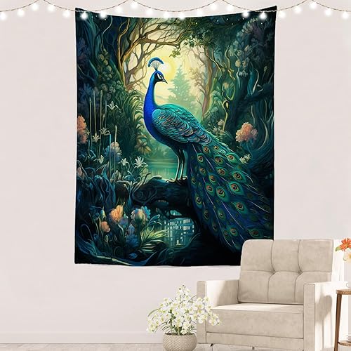 Miniatura 1 de Batmerry Tapiz turquesa pavo real, hojas verdes, torre de templo natural, arte de pared, decoración para colgar, fibra de poliéster, blanco con