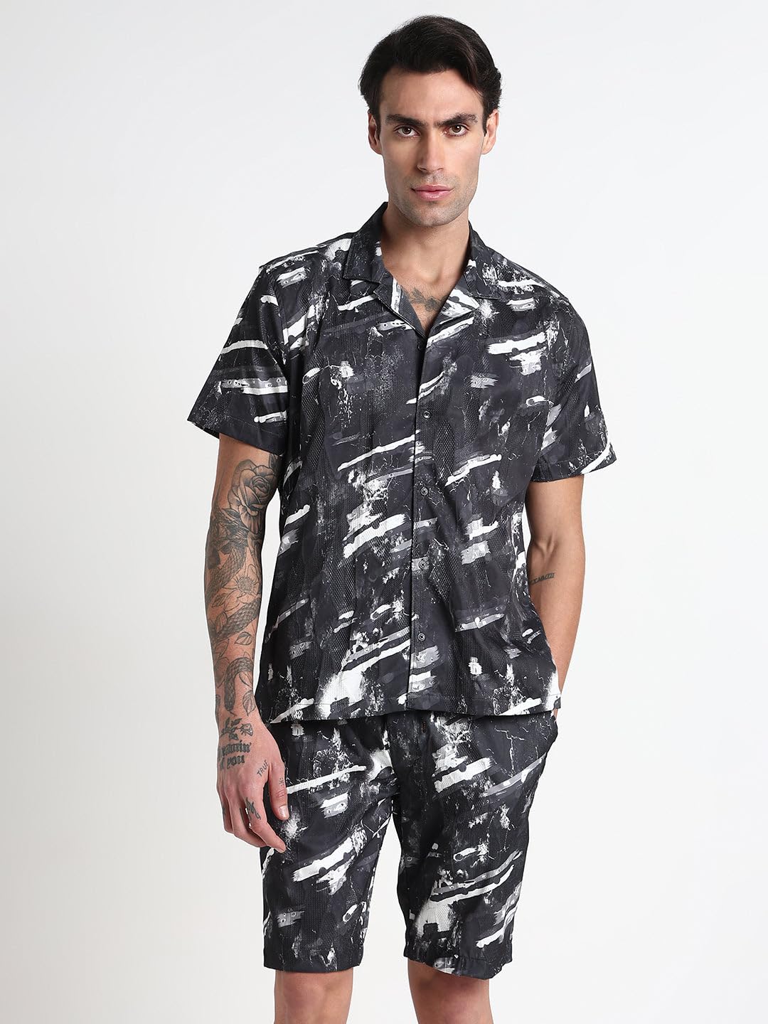 SHOWOFFFF Men Printed Two-Piece Co Ords | Cuban Collar Half Sleeves Crepe Co-Ord for Mens | Mid-Rise Relaxed Fit Knee Length Co-Ords for Men's | Grey-S 1