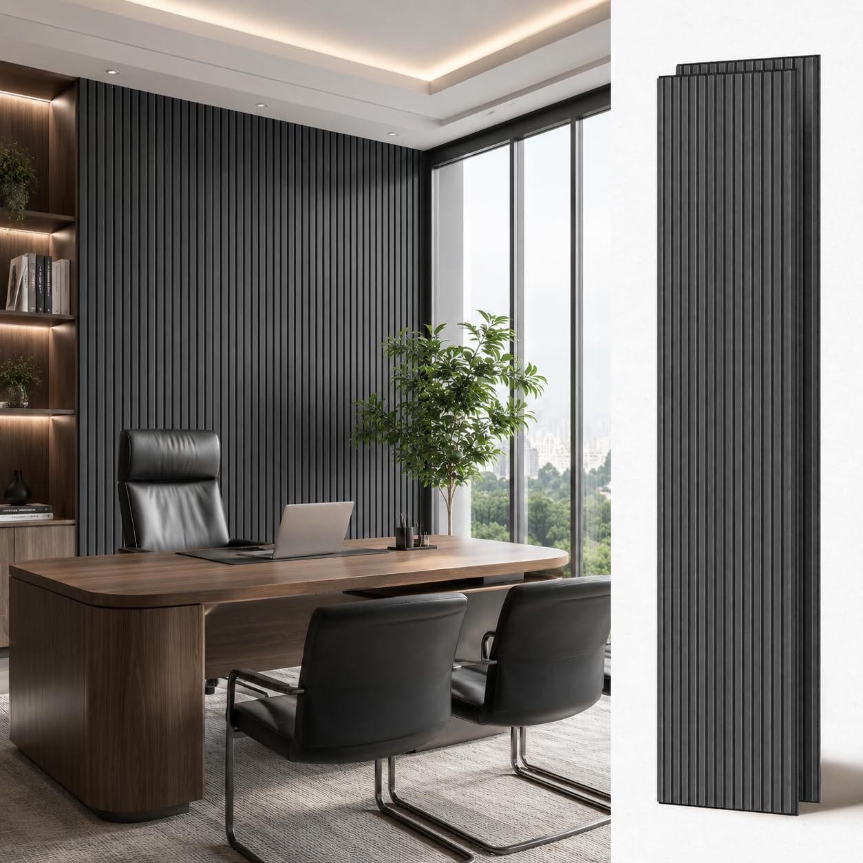PIWA Wood Acoustic Slat Panels,94 x 24 in,2-Pack-12mm MDF Surface with 9mm Sound-Absorbing Core-Dual-Layer Acoustic Wall Panels for Echo Reduction in Home Studio,Office & Living Room-Matte Black