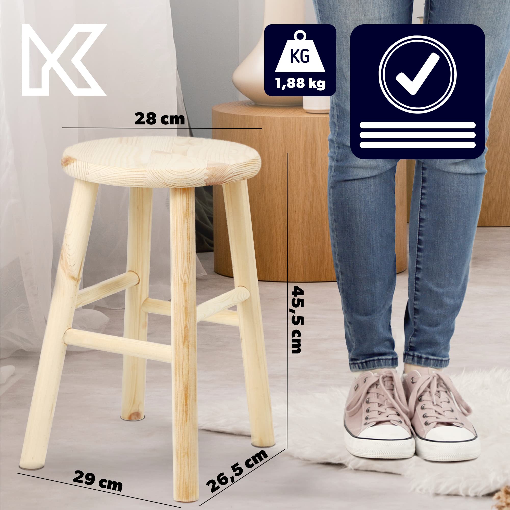 KADAX Tabouret en Bois de Pin Naturel, Élégante Chaise pour Ajouter Une Touche de Charme Rustique à Votre Décoration Intérieure (Rond)