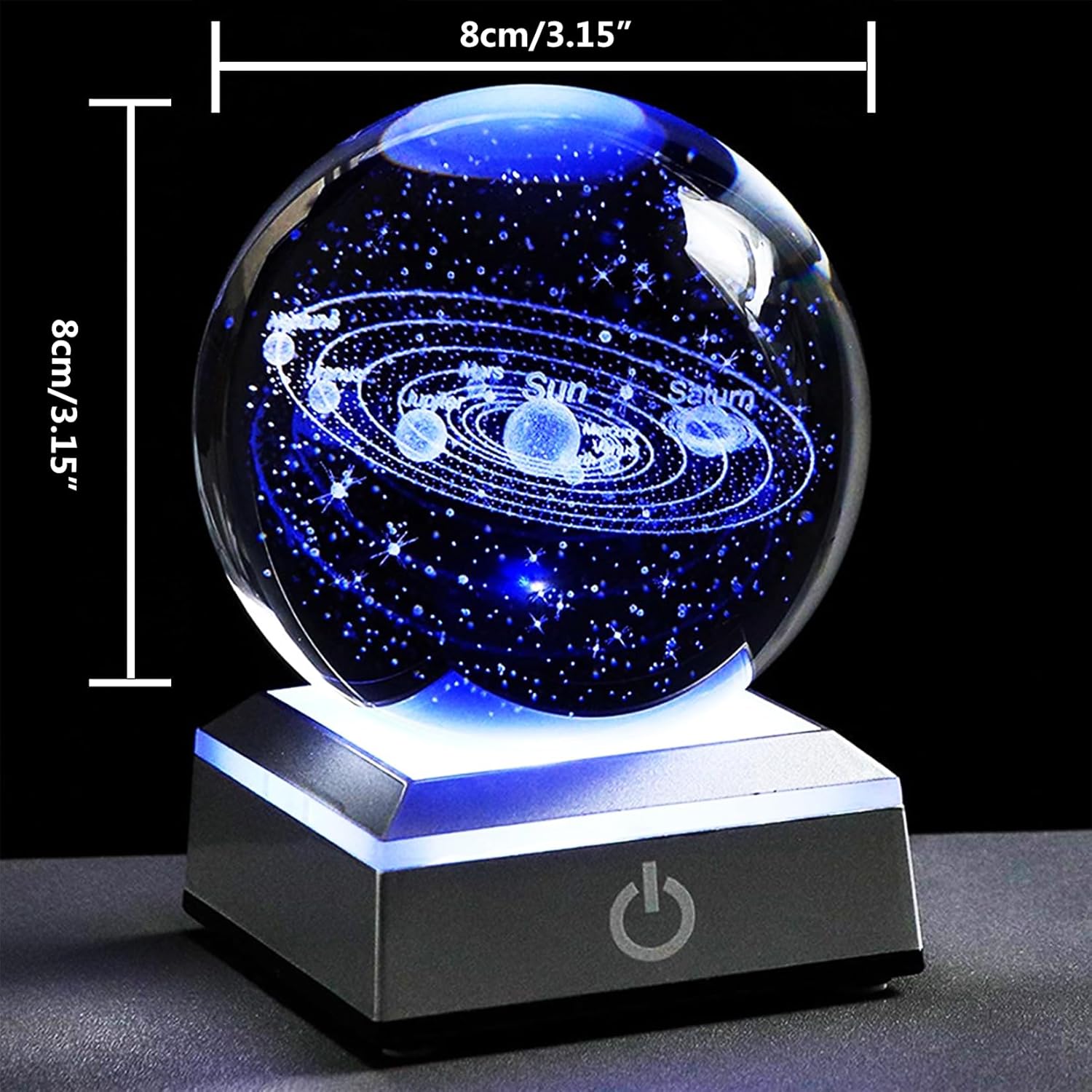 3D Solar System Crystal Ball with LED Colorful Lighting Touch Base, 80mm Space Gifts with Laser Engraved, Him Best Birthday Dad Physics Science Teacher Night Light Planet Lamp - Image 4