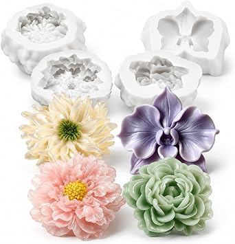 4 PCS Flowers Silicone Candle Molds,3D Rose Resin Mold for DIY Craft Making | 3D Flowers Silicone Mold for Epoxy Resin Florals Soap Mold Candles Floral UV Resin Mold for Baking Chocolate Gummy Cement