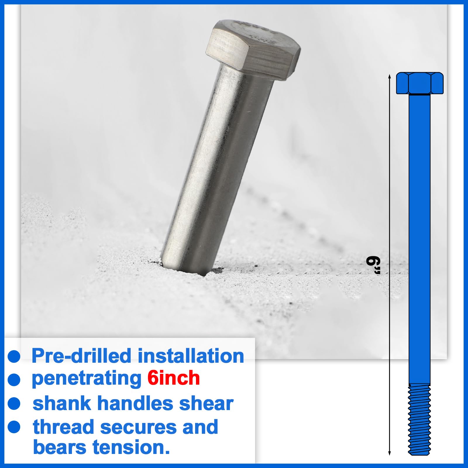 Confezione da 15 bulloni a testa esagonale da 1/2-13 x 15,2 cm, in acciaio inox 304, a mezza filettatura, viti di fissaggio per esterni bagnati, inquadrature in metallo, cemento e ringhiere