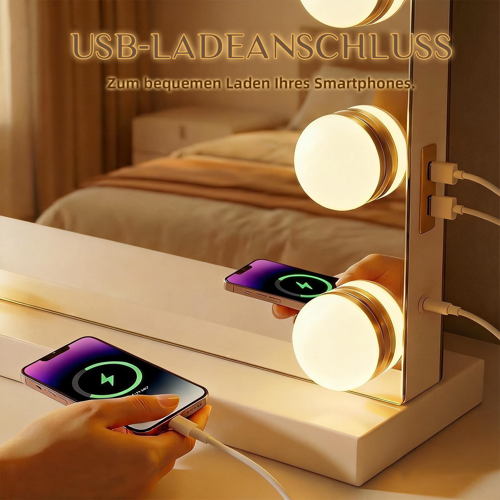 Hollywood Spiegel Schminkspiegel mit Beleuchtung, Kosmetikspiegel 58 x 46 cm, 15 LED Mirror Super HD für Make-up, 3 Lichtfarben Dimmbar Touch Control, USB, inkl. 10-Fach Vergrößerungsspiegel