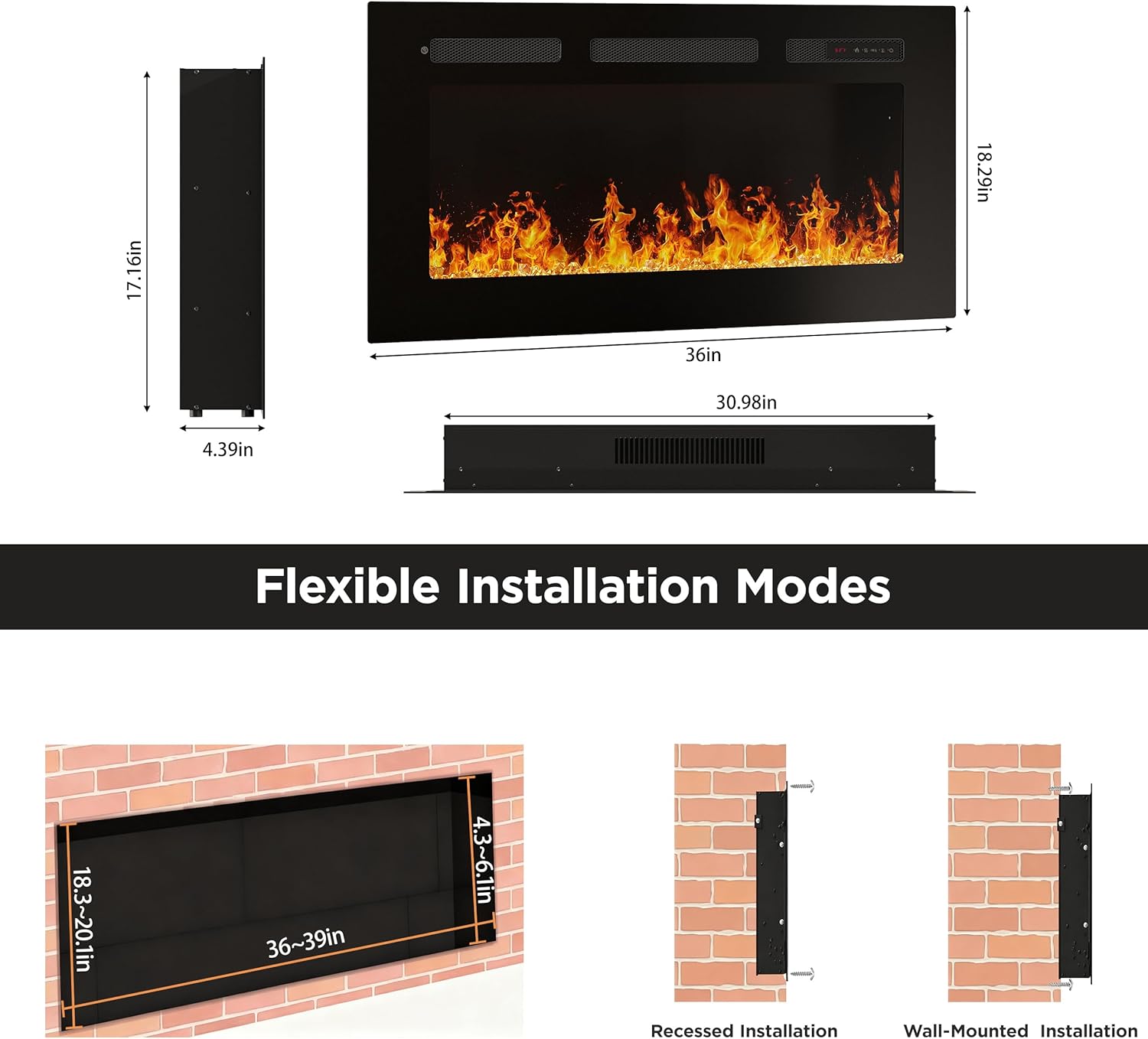 36" Electric Fireplace Insert, Wall Fireplace Electric with Remote Control, 12 Adjustable Flames, Freestanding/Wall Mounted/Recessed, 750/1500W Fireplace Insert, Timer, Ultra-Thin Design