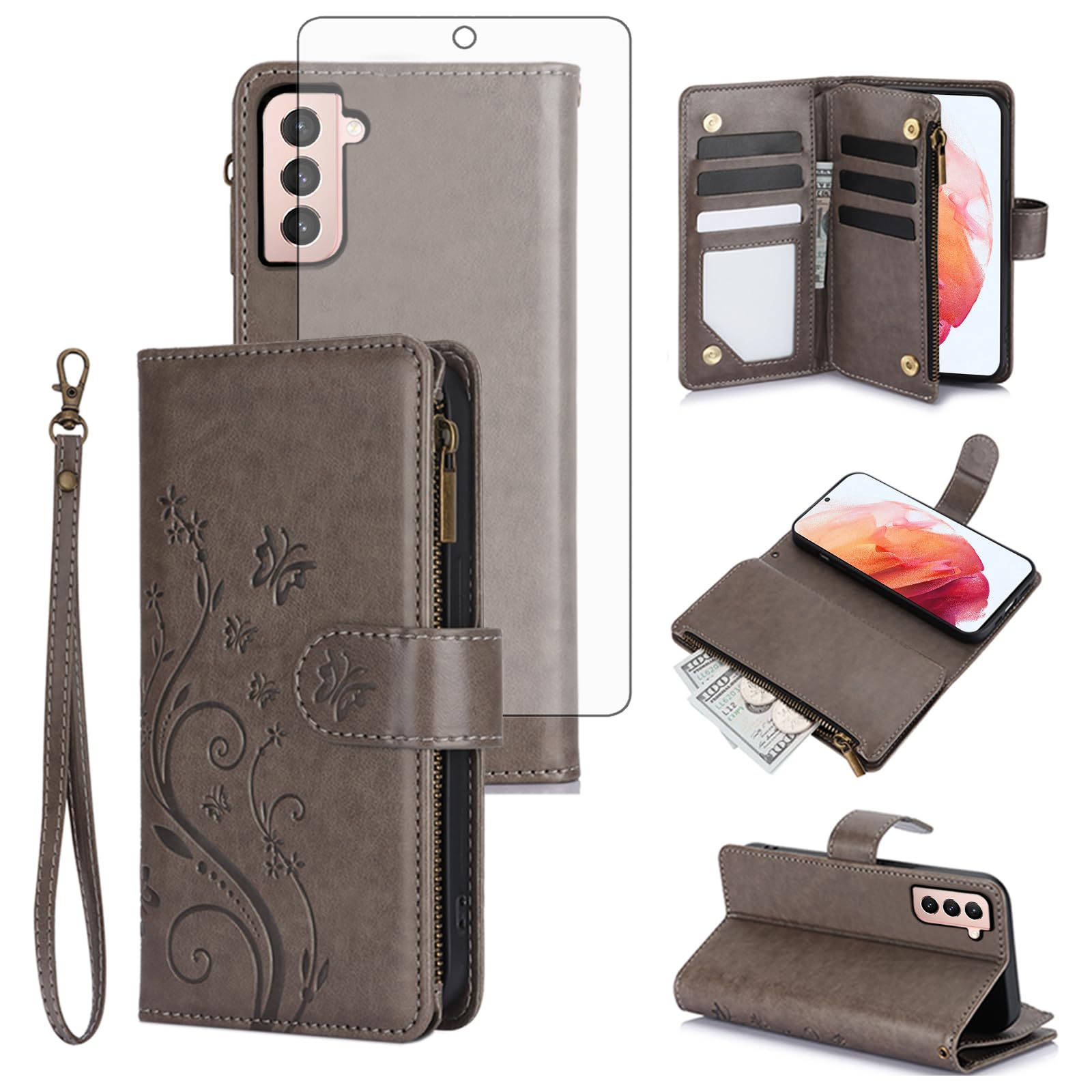 Asuwish Phone Case for Samsung Galaxy S21 Plus S21+ 5G Wallet Cell Cover with Screen Protector Wrist Strap Flower Flip Zipper Card Holder Slot Stand