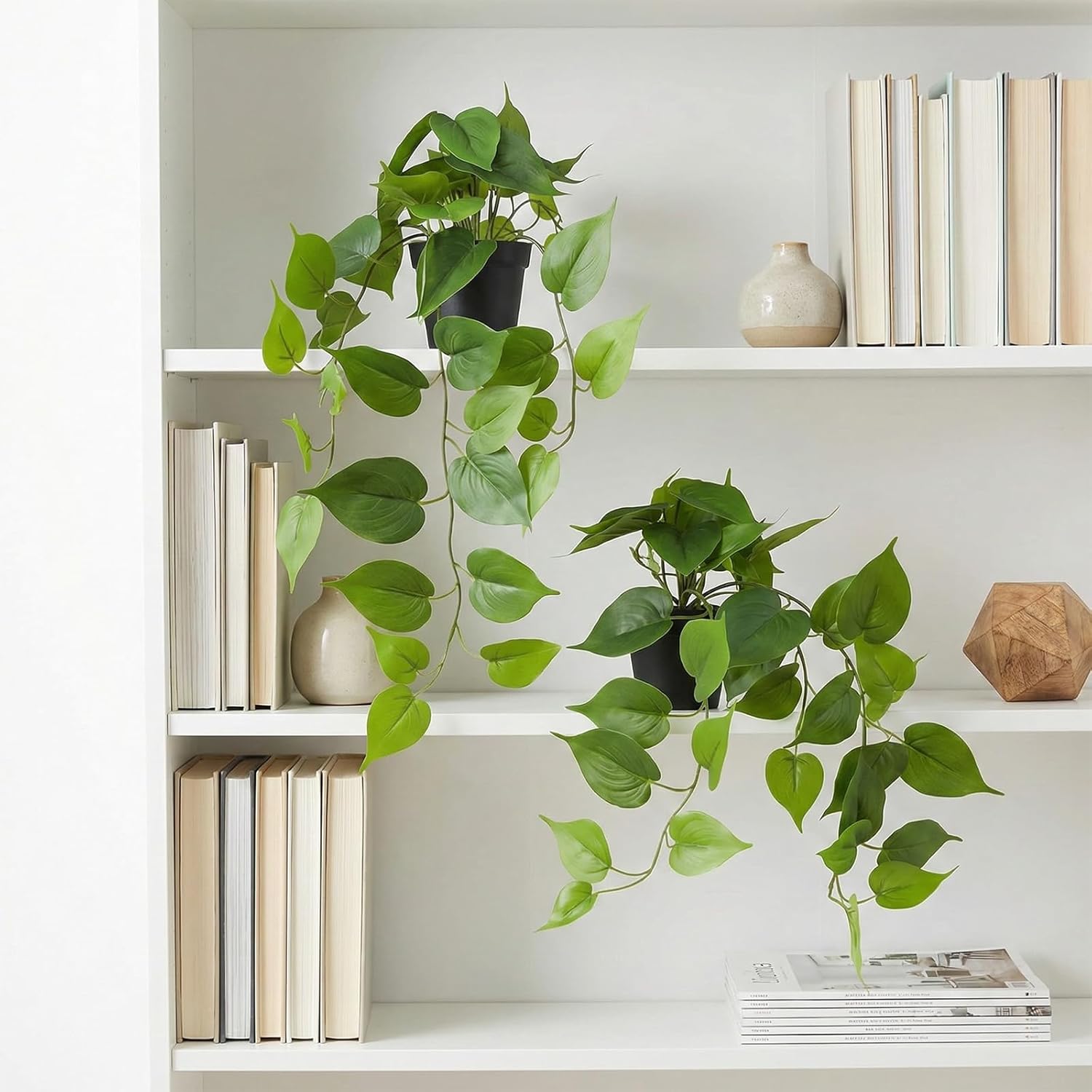 Artificial Pothos Hanging Plants 2 Pack with Pots, Realistic Fake Hanging Plants Indoor, Faux Greenery Vines for Shelf, Bathroom, Living Room, Office Decor