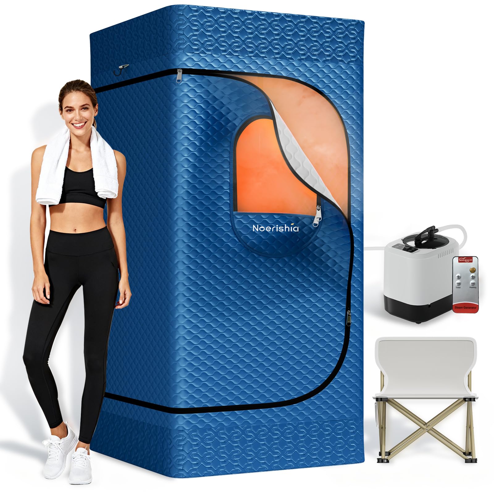 Portable Sauna for Home with 3L 1200W Steamer, Big Folding Chair, 99 Mins Timer, 9 Levels, Pernoanl Steam Sauna Tent Dual YKK Zippers for Home Spa Detoxification, 32' x32' x 71', Blue