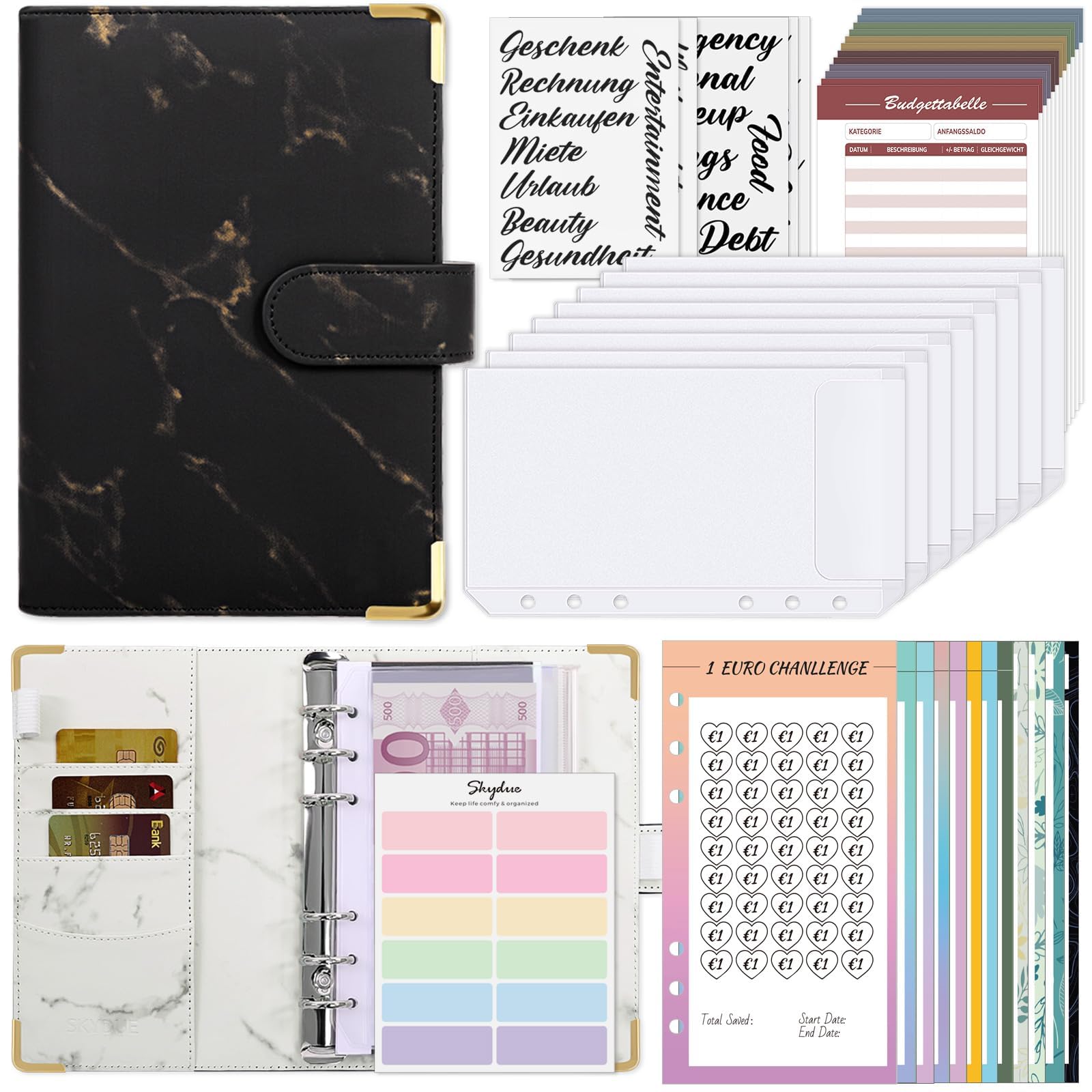 SKYDUEClasseur Budget A6, Enveloppe Budget, 12 Challenges Budgétisation, Pochette Budget Planner (Noir Marbré)