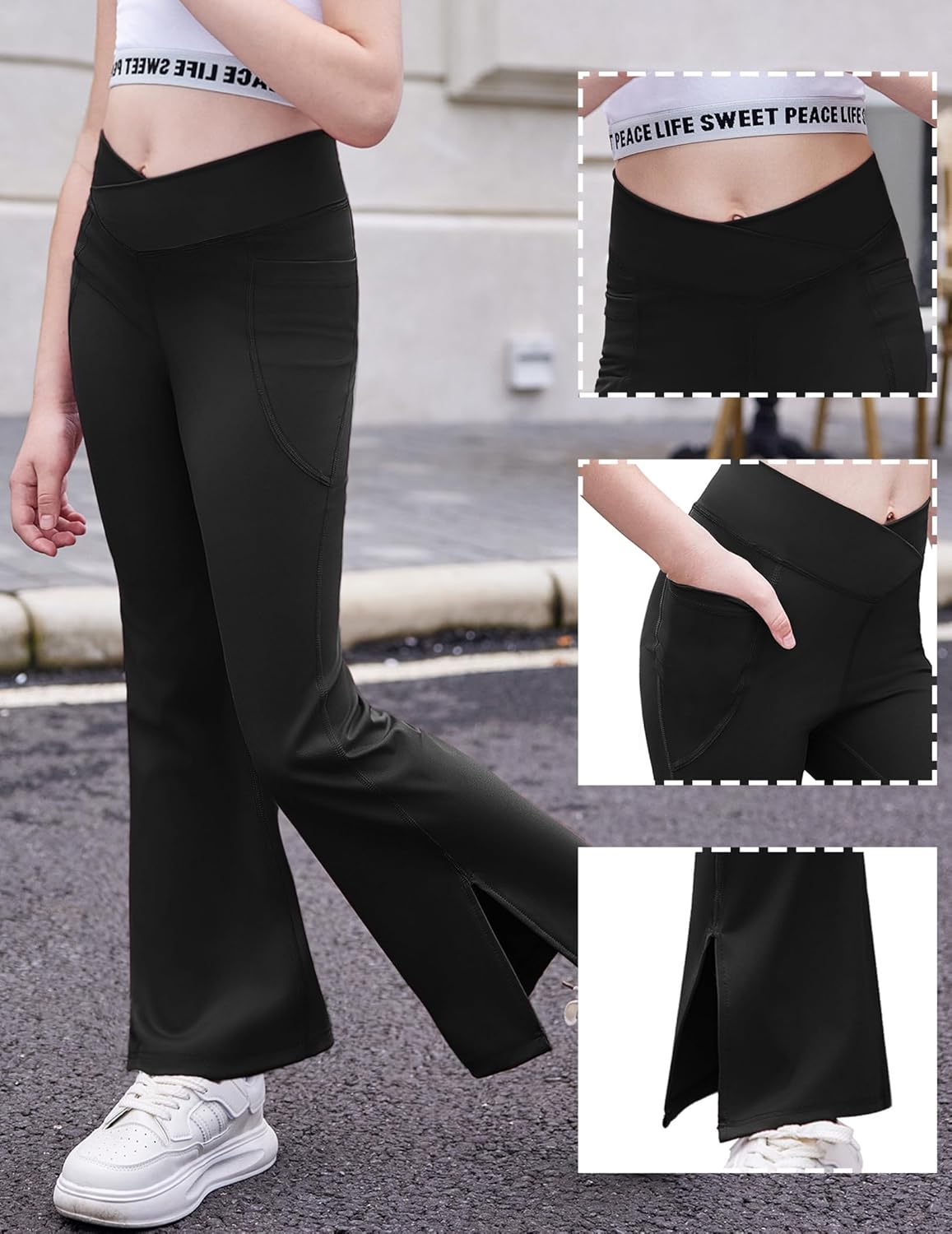 Zaclotre Girls' Flare Leggings with Split Hem Cross High Waist Yoga Bootcut Athletic Kid Bell Bottom Pants with Pockets - Image 4