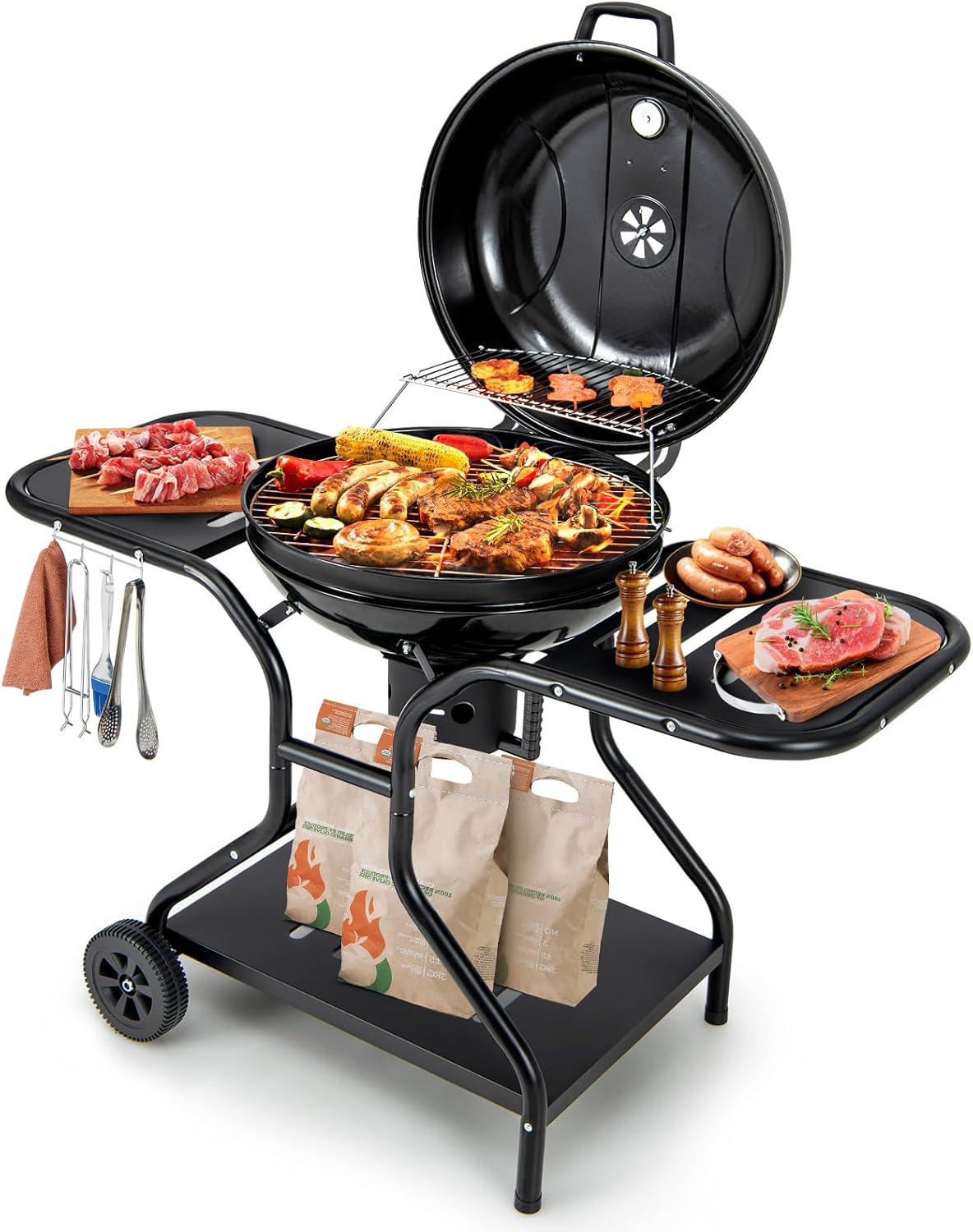 COSTWAY Kettle Charcoal Grill, Portable Barbecues Grill with Porcelain