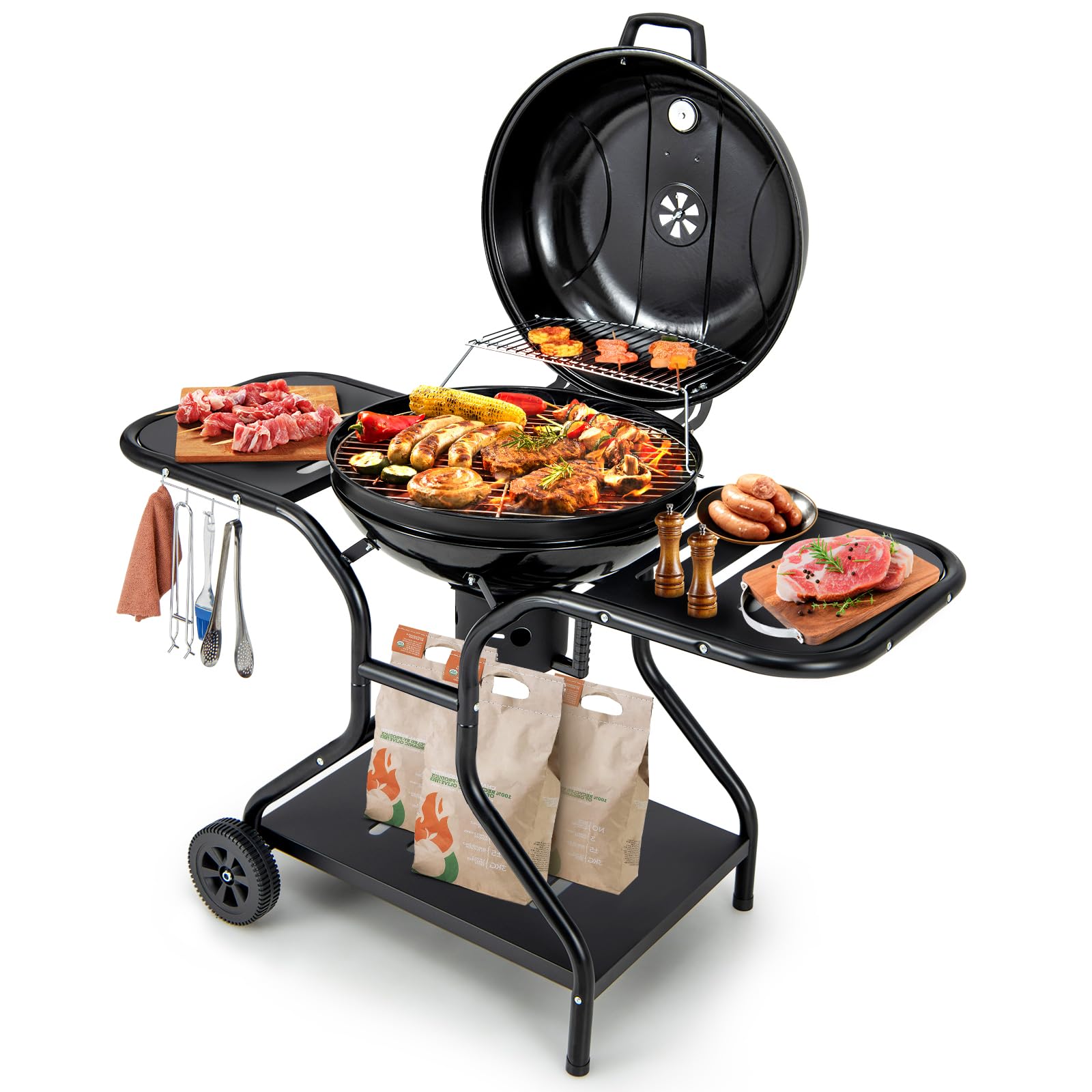 COSTWAY Kettle Charcoal Grill, Portable Barbecues Grill with Porcelain Enamel Body and Lid, Ash Catcher, 2 Side Tables, Storage Shelf, 4 Hooks, Wheels, Thermometer & Air Vents, Outdoor Oven Cooker