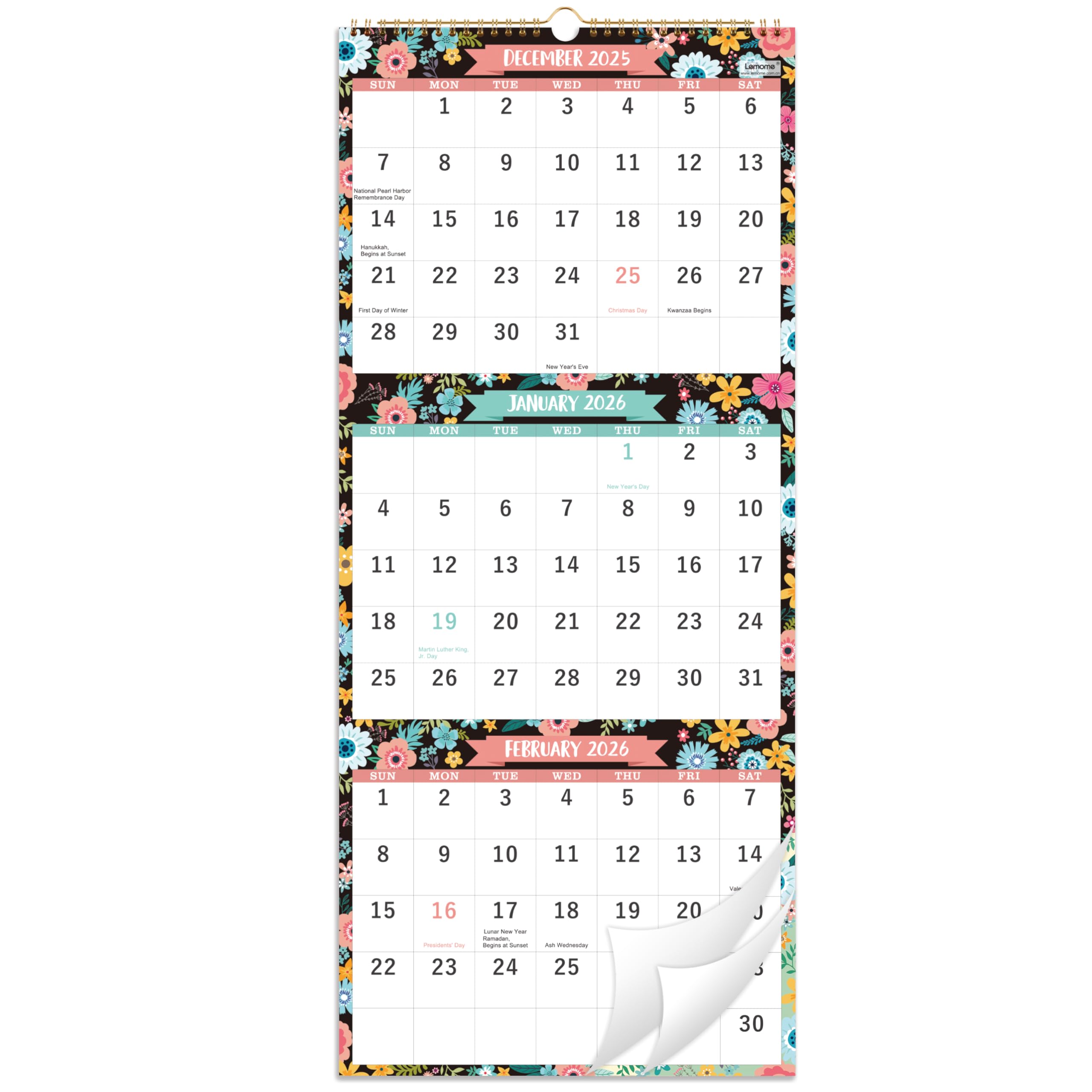 Lemome Calendar 2025-3 Month Display Wall Calendar (Folded in one Month), 11.3" x 26" (when opened), Jan. 2025 - Dec. 2025, Vertical Calendar