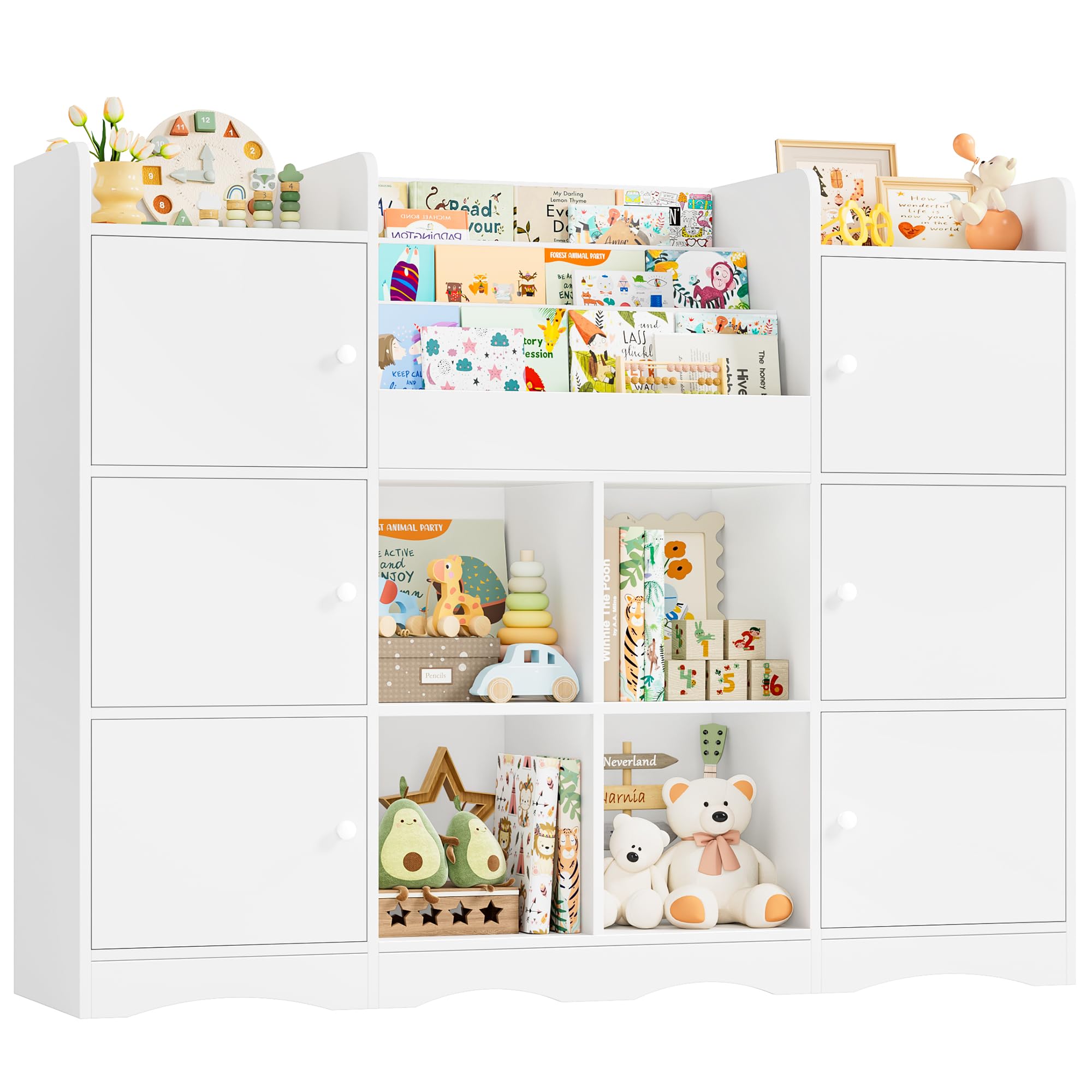 FOREHILL Organizador Juguetes, 6 Armarios con Puertas, Blanco | Estanteria Infantil, 6 Armarios con Puertas, 4 Estantes Abiertos para Dormitorios Guardería, 140x30x106cm
