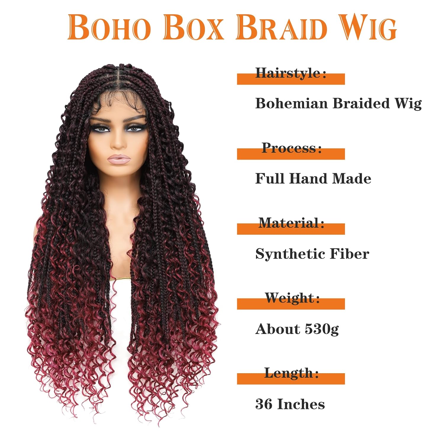 Boho Knotless Braided Wigs for Black Women Bohemian Box Braided Wigs Double Full Lace Braided Wigs with Baby Hair Synthetic Boho Braid Wig Burgundy Red 36Inch（BUG）
