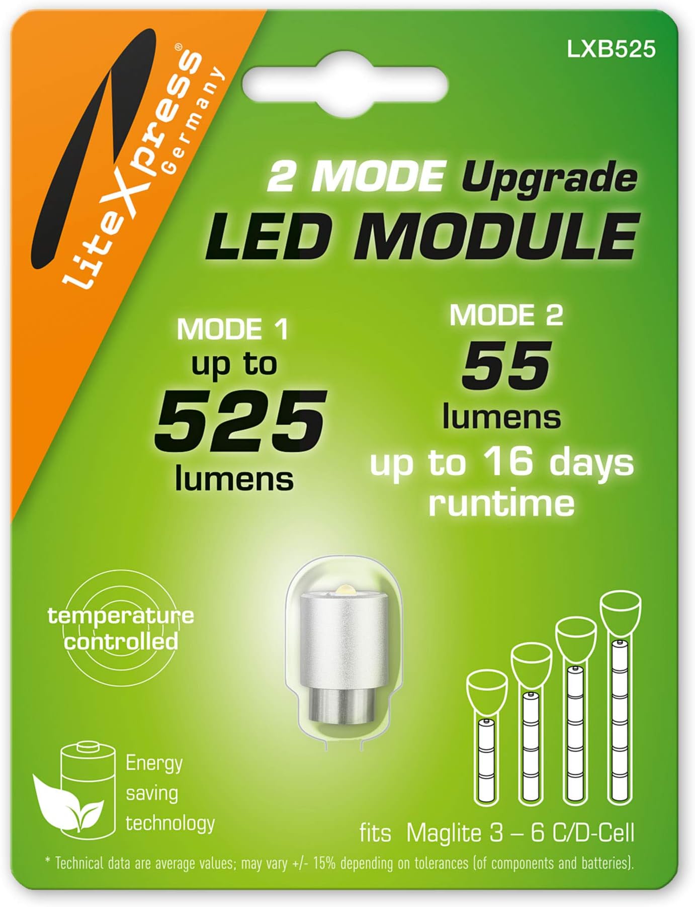 LiteXpress LXB525 2 Mode Adjustable Light Modes LED Upgrade Module 525 or 55 Lumen for 3-6 C/D-Cell Maglite Torches