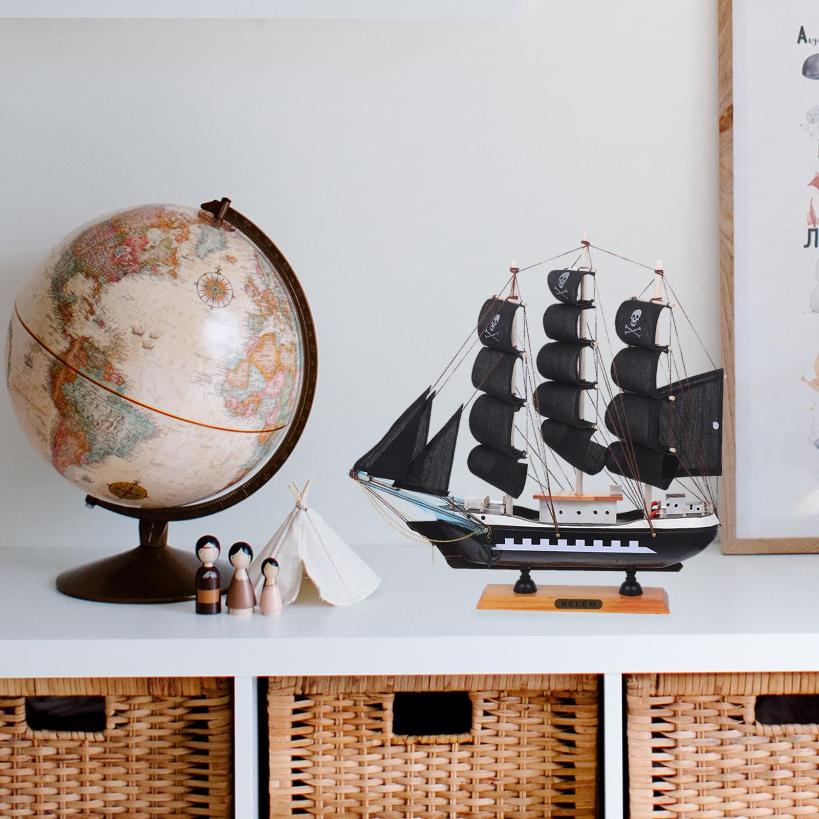 WOONEKY Modello di Barca a Vela Pirata in Legno Nero 33cm per Decorazioni Nautiche Uniche per Vacanze Estive e Arredamento Casa