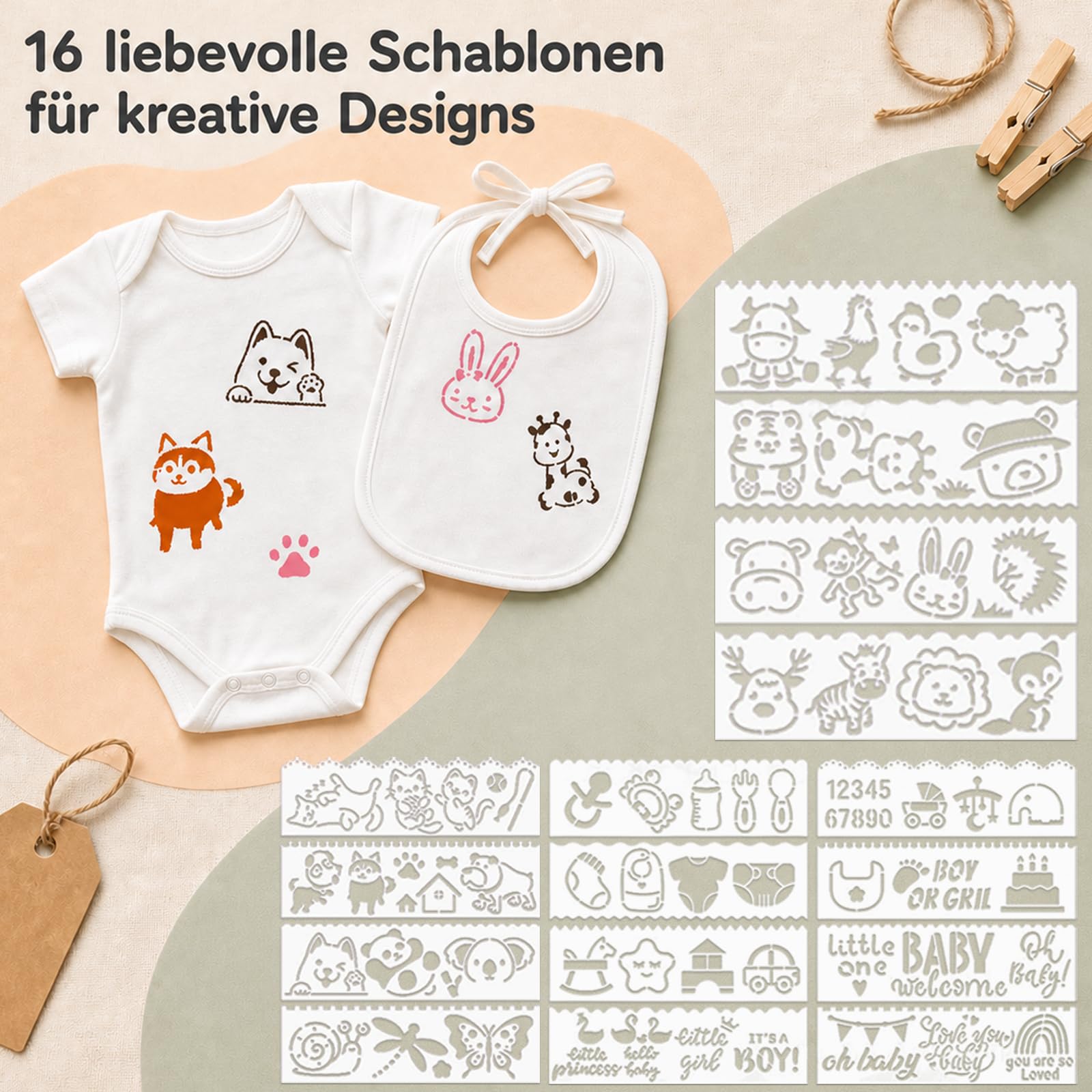 Juego de 81 piezas para baby shower, body para pintar y babero para bebé para pintar blanco, 6 bodys para bebés de 0 a 3 meses, 6 baberos de 24 x 20 cm, 12 lápices textiles, 16 plantillas, juegos de