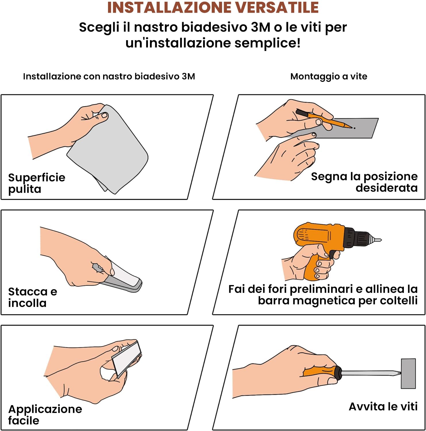Exitoso Coltello a Striscia Magnetica in Acciaio Inox Autoadesivo - Incollaggio e Foratura Con Nastro Adesivo 3M - Portacoltello Magnetico Striscia per Coltello