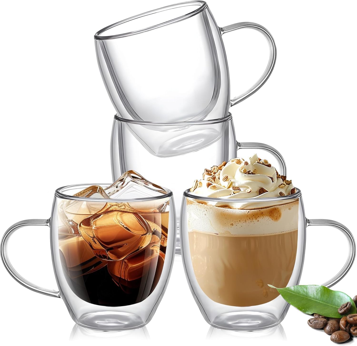 renovon Çift Katmanlı Cam Kupa Bardak 250 ml Lüx Çift Cidarlı kupa - Termos Bardak - İki Duvarlı Yapısı ile Uzun Süre Sıcak-Soğuk Tutma özelliği, Kulplu Kahve Espresso Bardağı Brosilikat double layer Cup