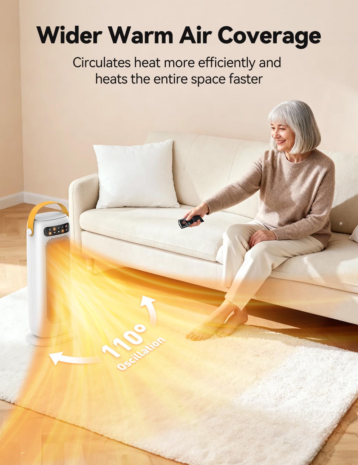 Calefactor Bajo Consumo, 1500W PTC Calefactor Ceramico Electrico, 4 Modos con Control Remoto, Protección Contra Sobrecalentamiento y Vuelco, Temporizador de 1 a 10 h, para Oficina, Dormitorio y Casa