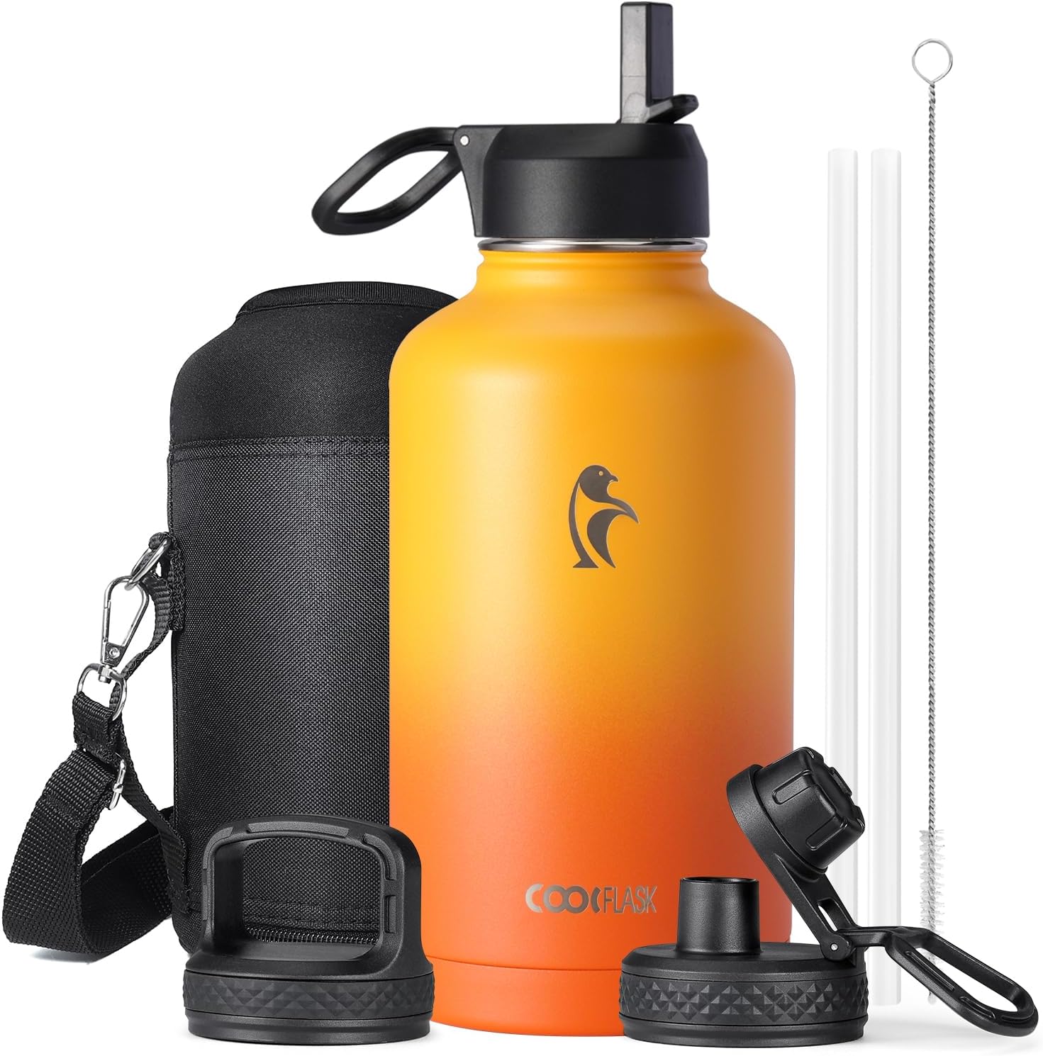 Half Gallon Water Bottle Insulated with Straw & 3 Lids, Coolflask 64 oz Water Jug Large Metal Stainless Steel Wide Mouth for Sports, Gym or Office, Non-BPA Keep Cold 48H Hot 24H, Ombre Yellow/Orange