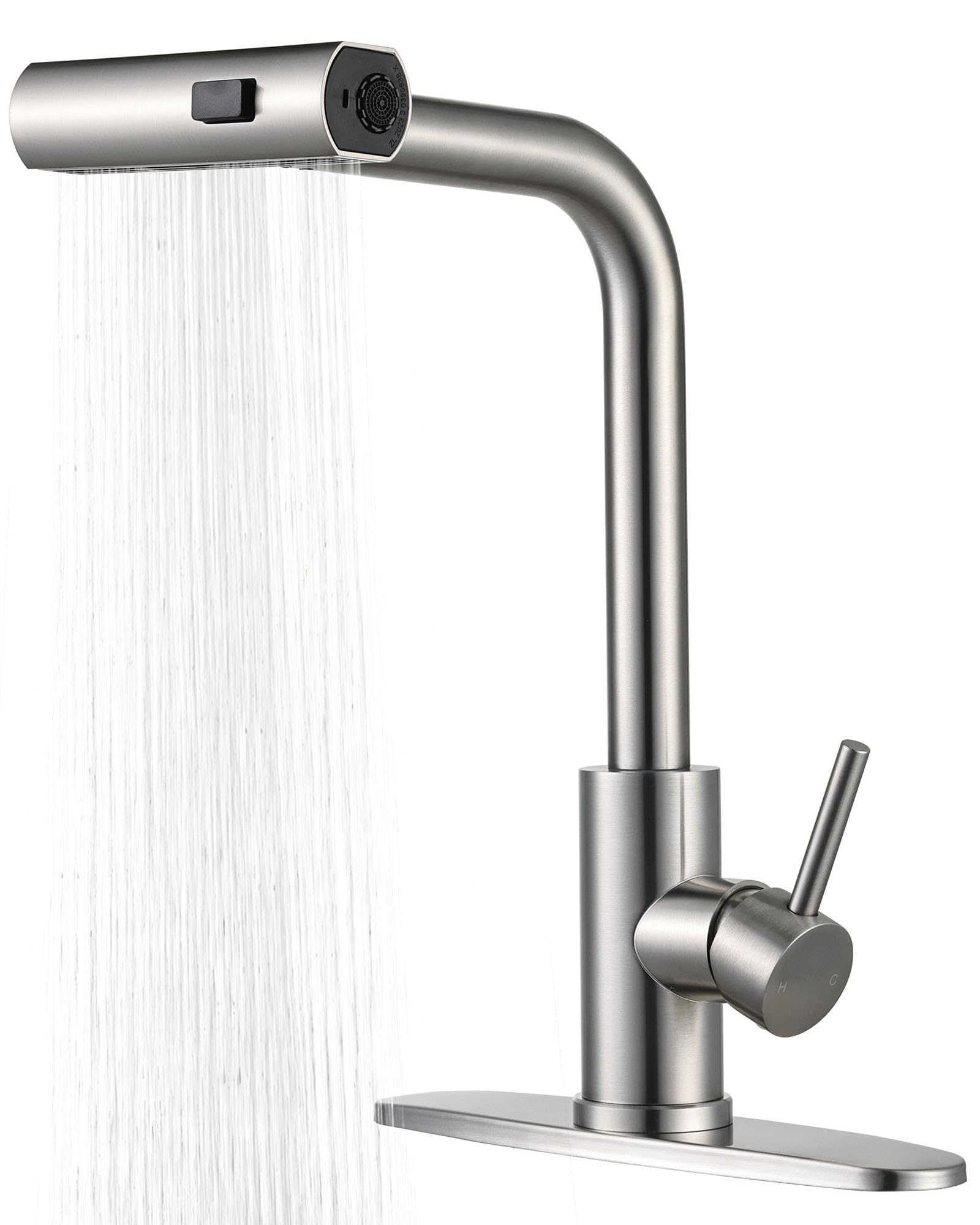 Peppermint Waterfall Kitchen Faucet with Pull Down Sprayer Single Handle Kitchen Sink Faucets Stainless Steel 3 Function Faucet for Kitchen Sink 1 or 3 Hole RV Pull Out Kitchen Faucet Brushed Nickel