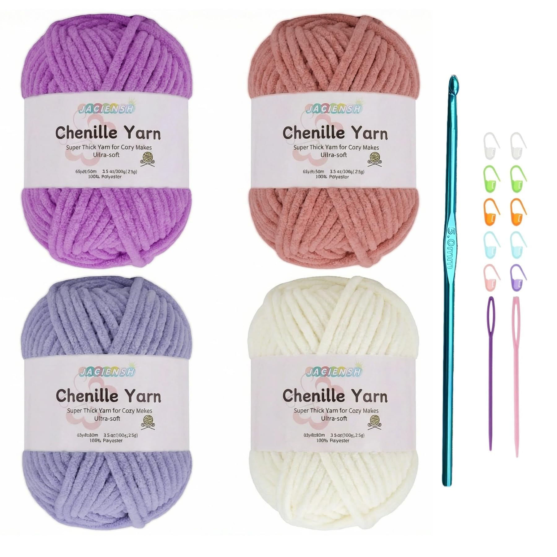 Jaciensh Thick Chenille Yarn, 4x100g Fluffy Chunky Yarn for Crochet, 5mm Crochet Hook Included, Great for Blankets Scarves and Suitable for Beginners & Pros (Purple - 4)