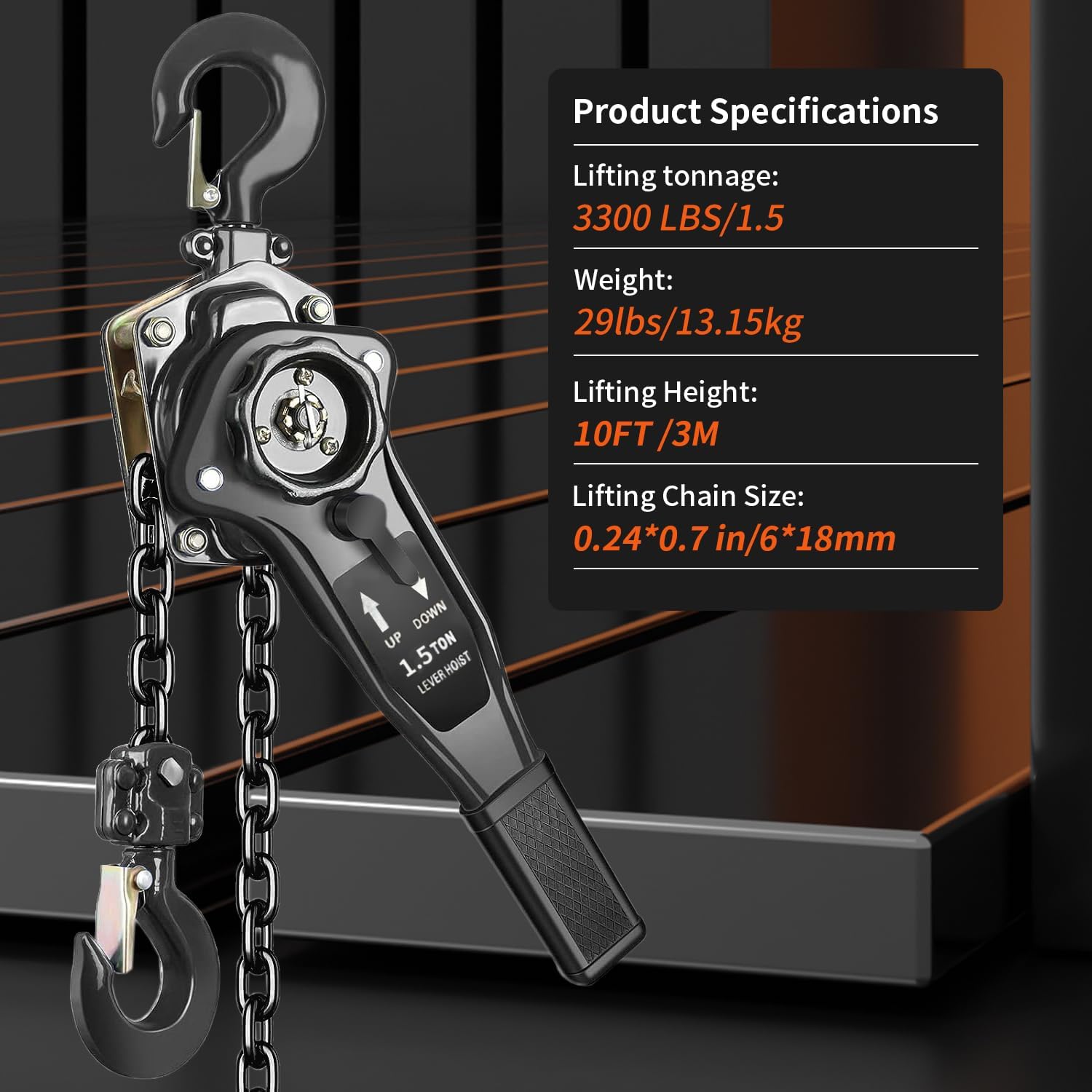 Manual Lever Chain Hoist 1.5 Ton 3300 lbs Capacity 10 FT Come Along, G80 Carbon Steel with Double-Pawl Brake,360° Rotation Hook, for Garage Factory Dock (Lever Chain Hoist 1.5T/3m)