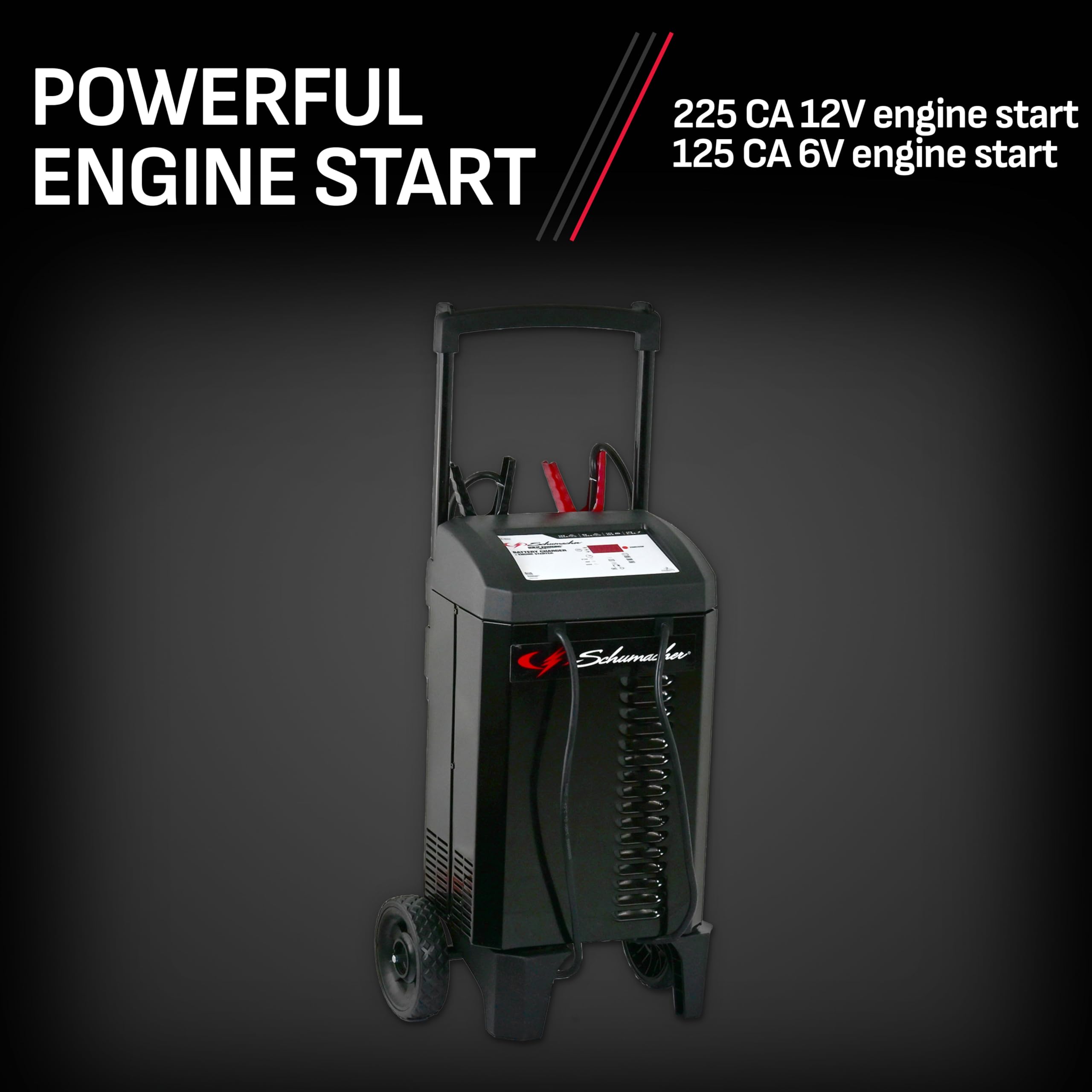 Schumacher Electric Wheeled Battery Charger and Engine Starter, SC1632, 4-in-1, Fully Automatic, 225 Craniking Amps, 40 Amp Boost Mode, 6 Volt, 12 Volt, for Car, SUV, Truck, and Marine Batteries