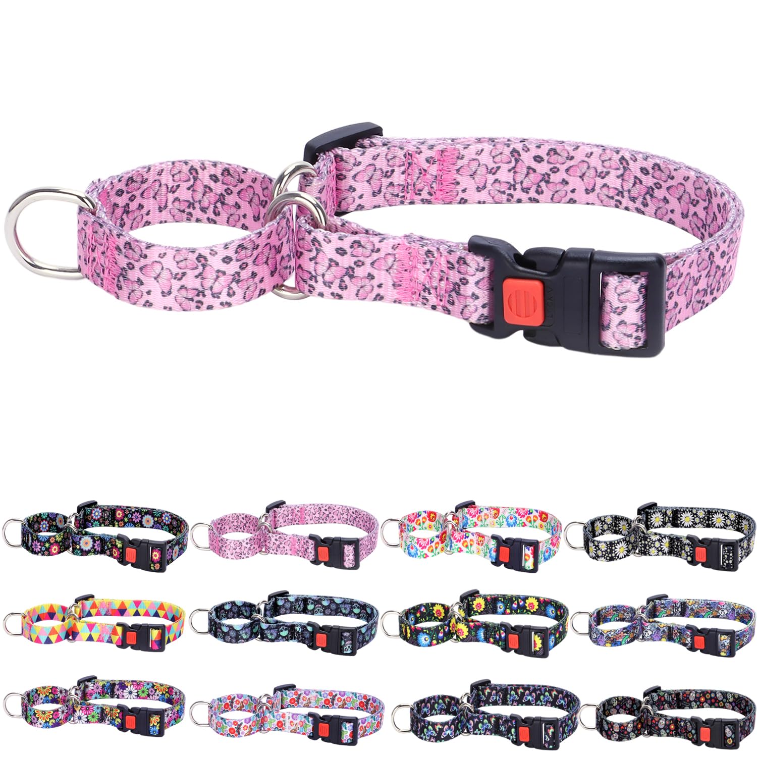 Pink Martingale Collar for Small Medium Large Dogs, Adjustable Dog Collar with Quick-Release Buckle, Perfect Girl Collar for Training, Walking, Hunting (L)