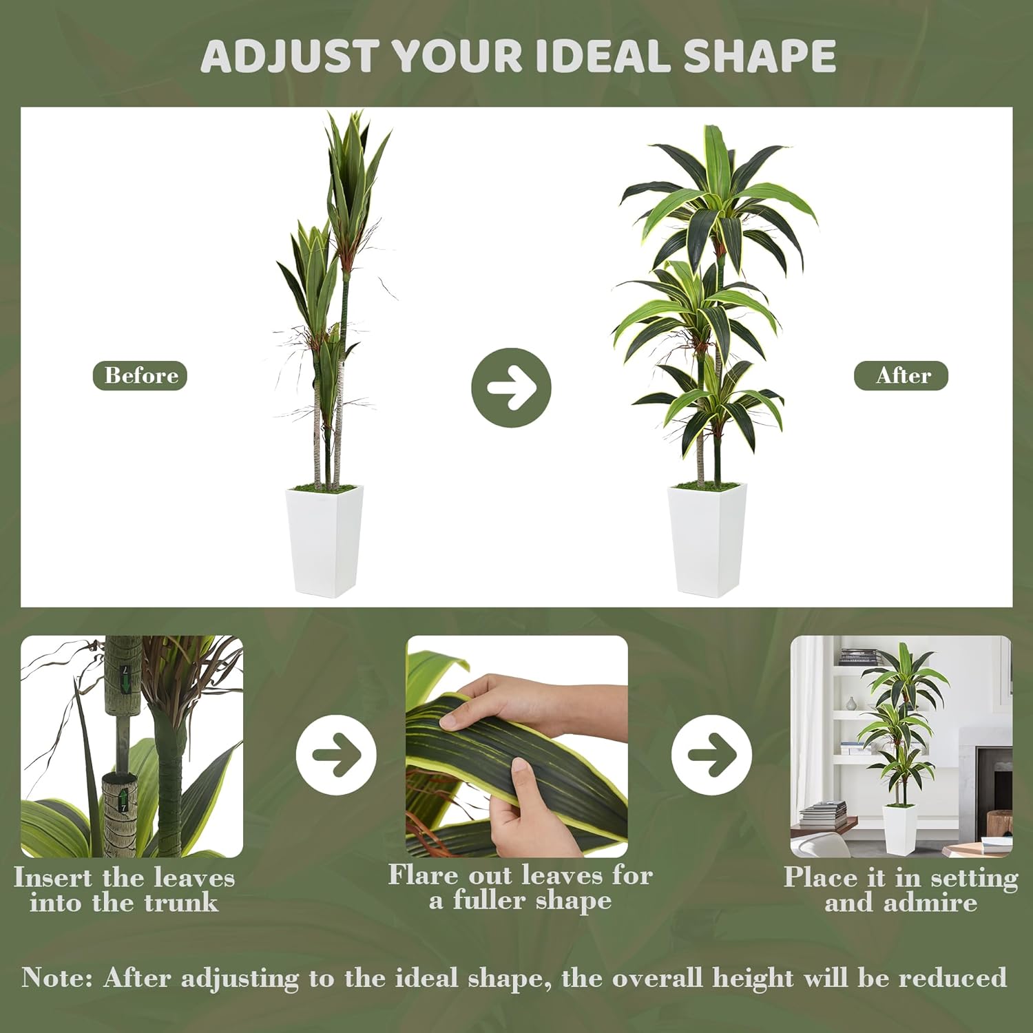 Artificial Dracaena Tree 6FT with 36 Leaves & 3 Heads & White Tall Planter Cover with Green Moss Realistic Tall Large Fake Faux Tropical Yucca Silk Plant for Indoor Home Office Porch Decor - Image 4