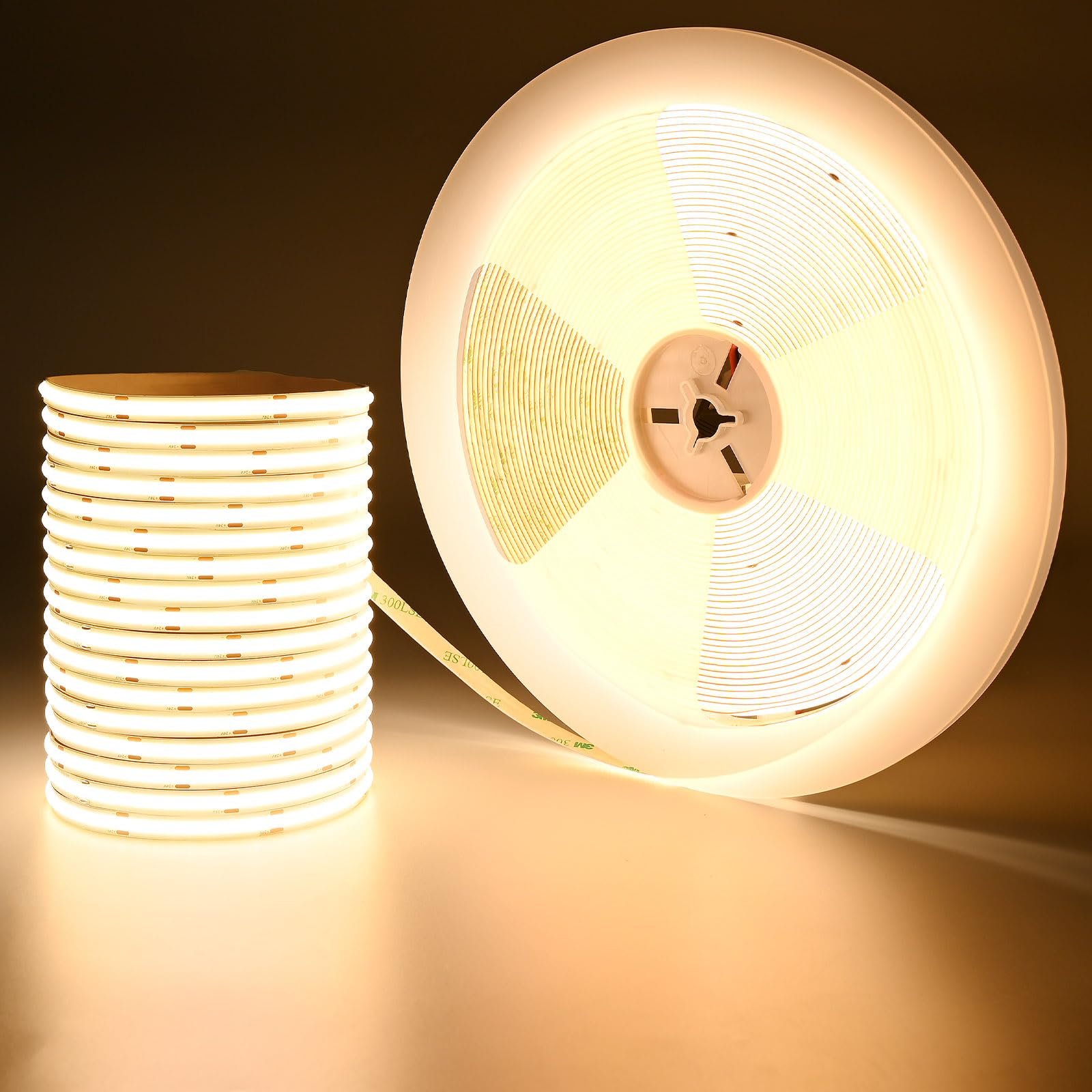 GOMING 24V 20M/65.6ft COB LED Strip Light Warm White 3000K 146W 9600LEDs 14000Lm Uniform Glow CRI 93+ Flexible IP20 Not Waterproof LED Tape Lights for DIY Factory Bedroom Home Decor(No Power Supply)