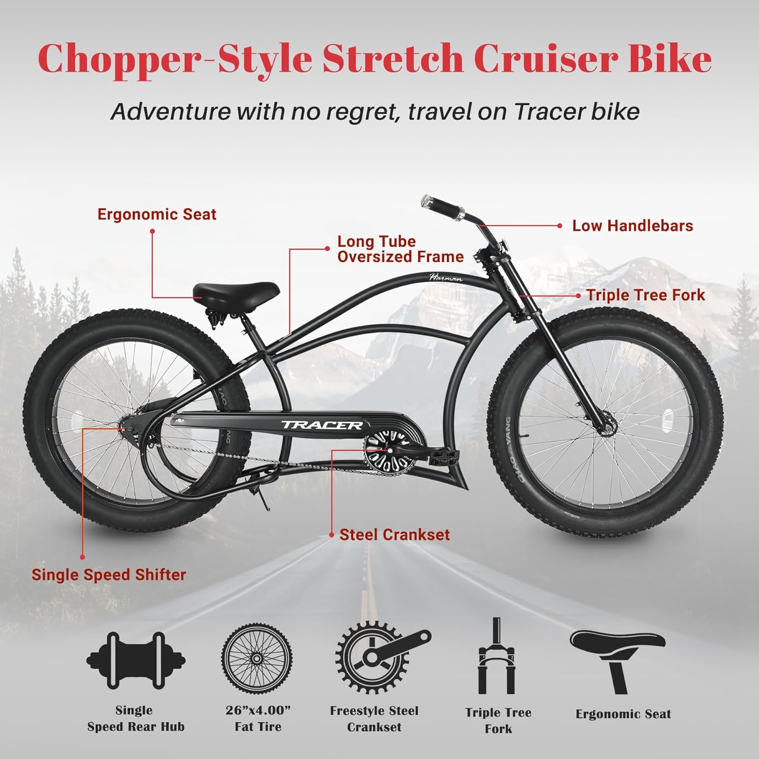 Tracer Harman 26" Stretch Chopper Cruiser Fat Tire Single-Speed Stainless Steel Spokes Triple Tree Fork Beach Cruiser Bike for Adult Hi-Rise/Moon-Type handbar Black/Matte Black