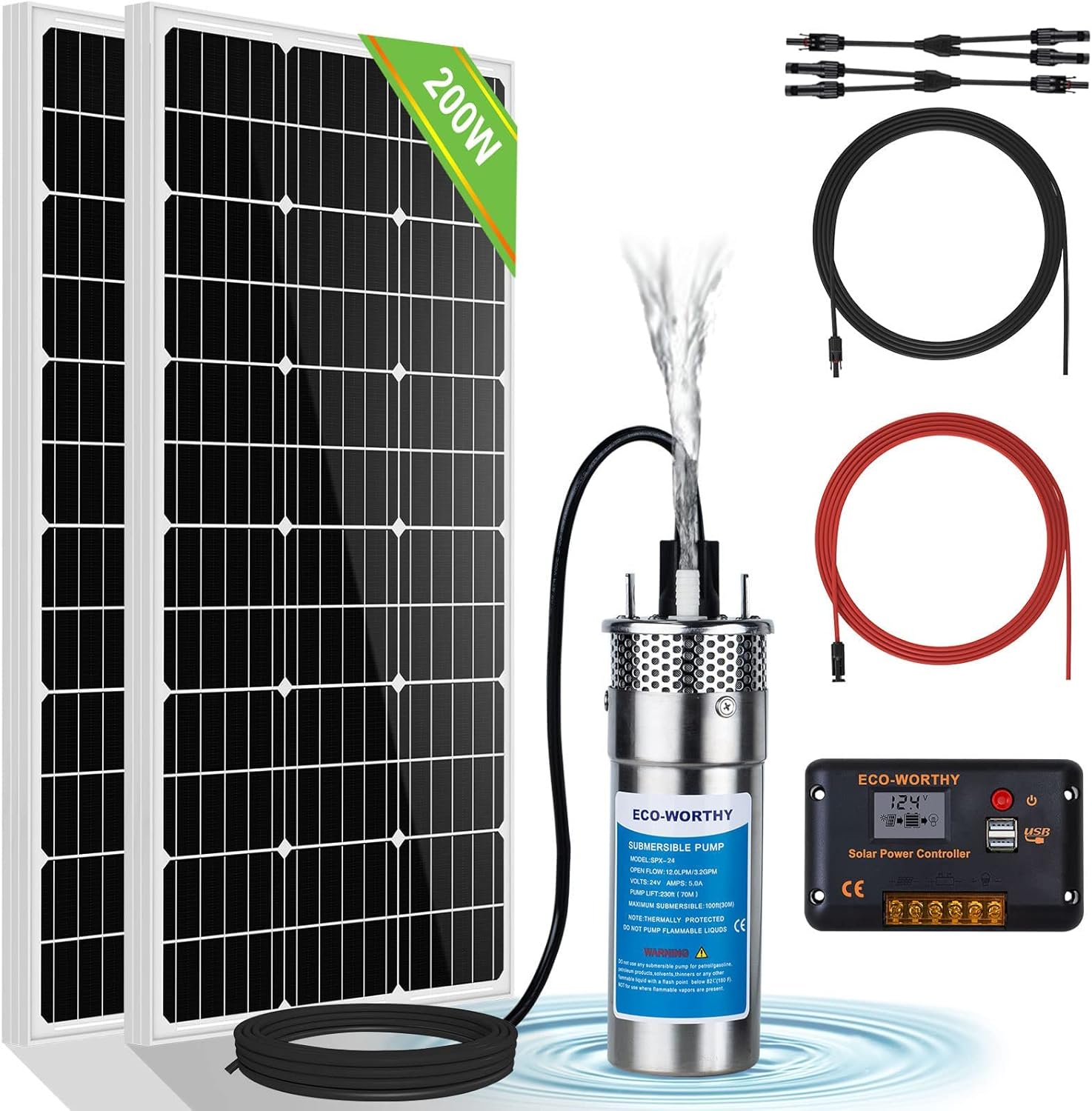 Pumplus 3.2GPM 200W Solar Well Pump Kit, 2pcs 100W Solar Panels Powered