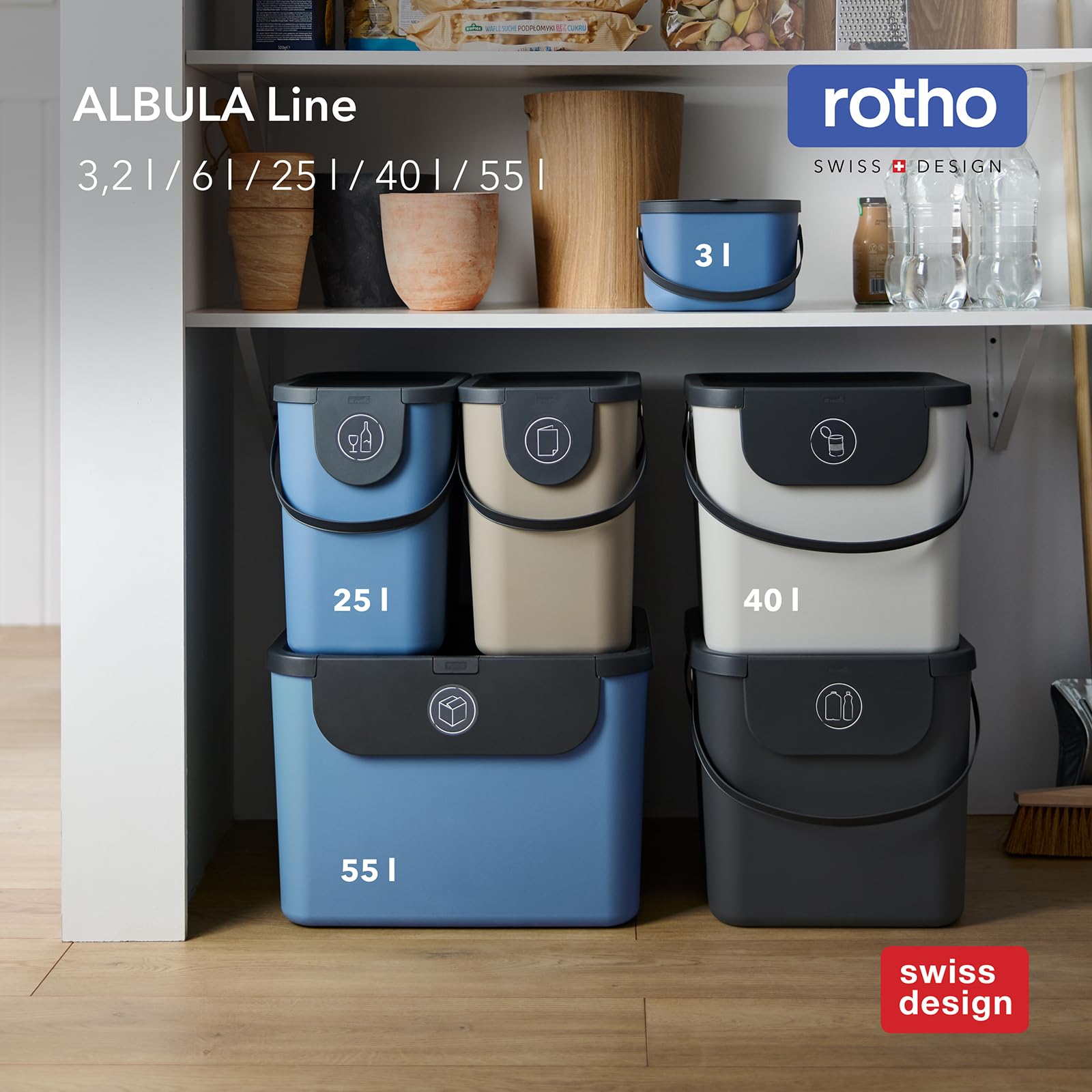 Rotho Albula 2er-Set Abfalltrennsystem 40l | Mülltrennsystem 2fach mit Henkel und Aufklebern | stabil & stapelbar | auch gestapelt zu öffnen | einfach zu reinigen & hygienisch | grün/anthrazit