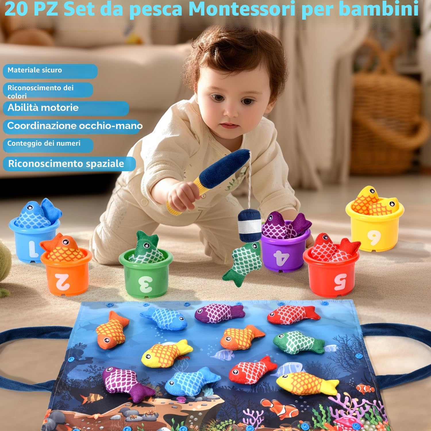 Gioco Montessori Pesca per Bambini 1-3 Anni - 12 Pesci Morbidi con Retino, Giocattolo Educativo per Sviluppo Motricità Fine e Coordinazione, Neonati 12-18 Mesi e Bambini