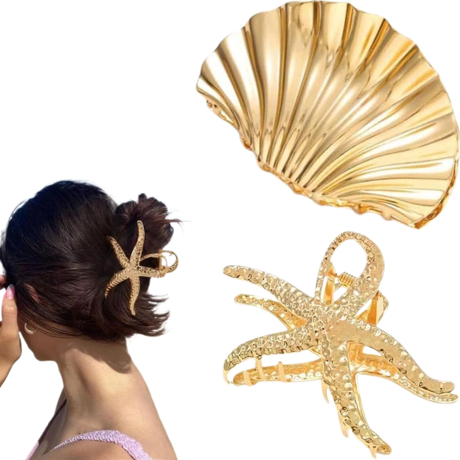 Gold Seashell & Starfish Hair Claw Clips, Metal Beach Hair Accessories for Women, Summer Tropical Non-Slip Hair Clips Suitable for Thick Hair