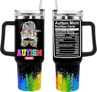 40oz Autism Tumbler with Handle and Straw, Autistic Mom Nutrition Facts Coffee Cup Gifts, Autism Awareness Tumbler for Warrior Autism Mom Women Teacher Mothers Day