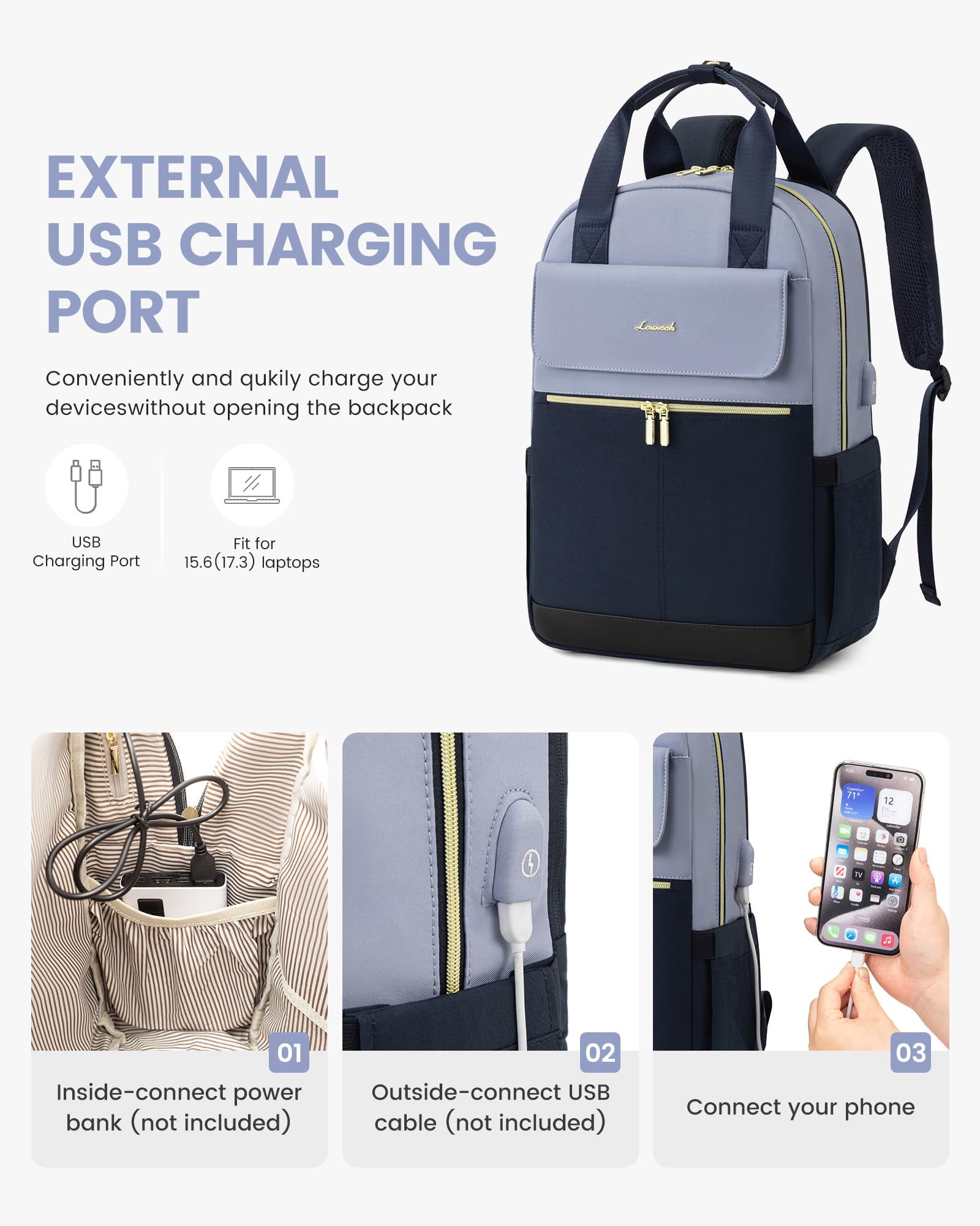 LOVEVOOK Sac a Dos Femme, 17,3 Pouces Sacs à Dos Ordinateur Portable, Antivol Imperméable Sac avec USB Charging Port, Elegant Backpack pour Travail Affaire Voyage Loisir Université