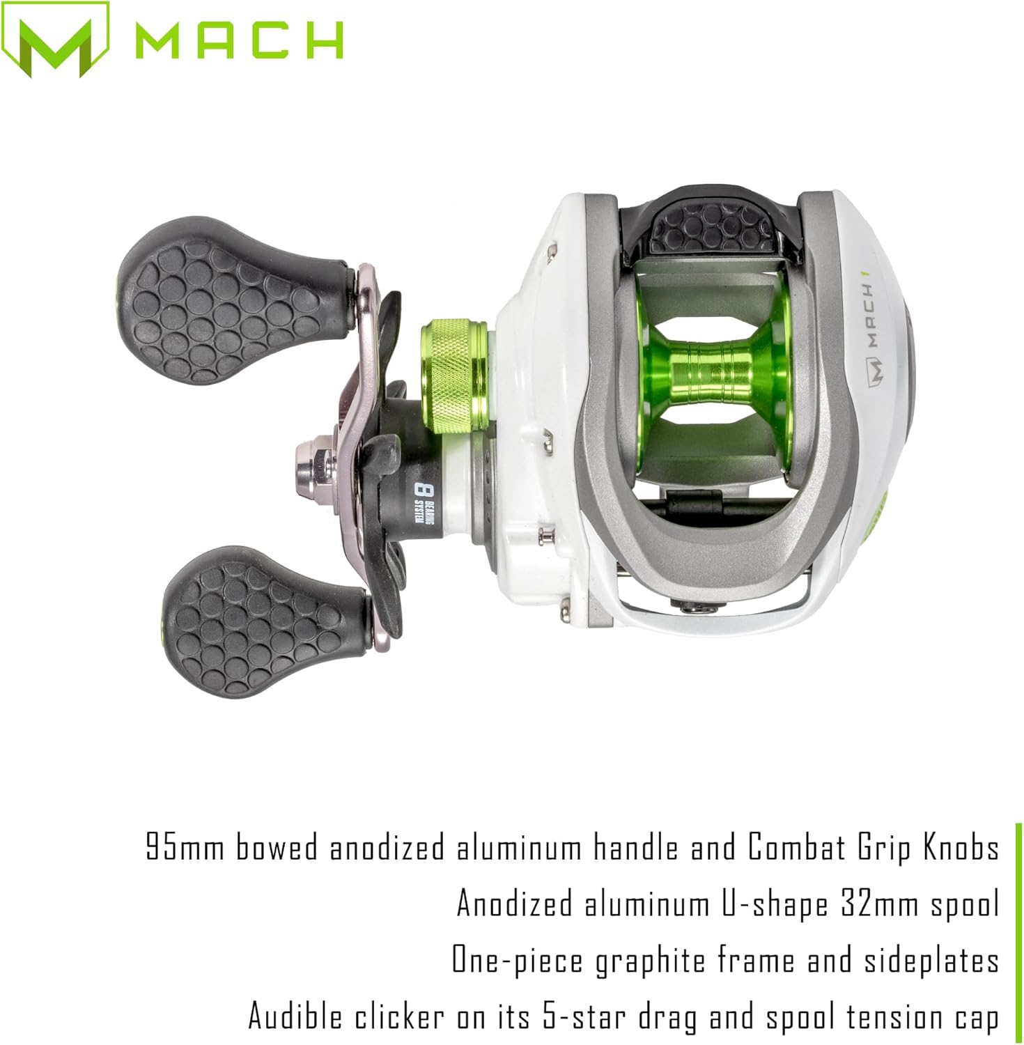 Lew’s MACH 1 SS Baitcast Reel and Fishing Rod Combo, 6-Foot 9-Inch, 1-Piece, Med-Light Power, Fast Action IM7 Rod, 7+1 Bearings, White/Black/Gray/Green