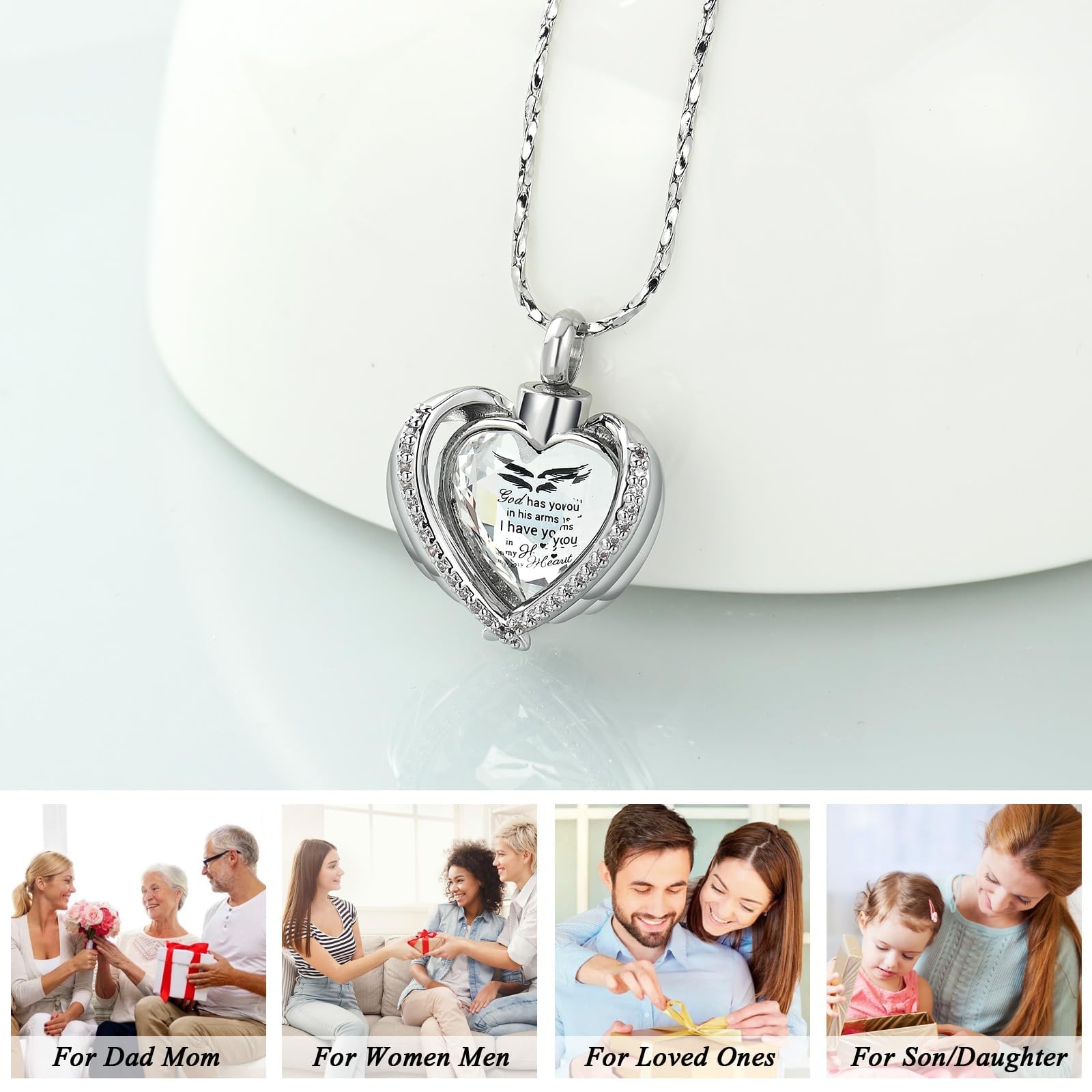 QGJNSGC Cremation Jewelry for Ashes Pendant Crystal Heart Urn Necklace with Mini Memorial Keepsake Urn Memorial Ash Holder for Women Jewelry (Silver-White-God) - Image 3